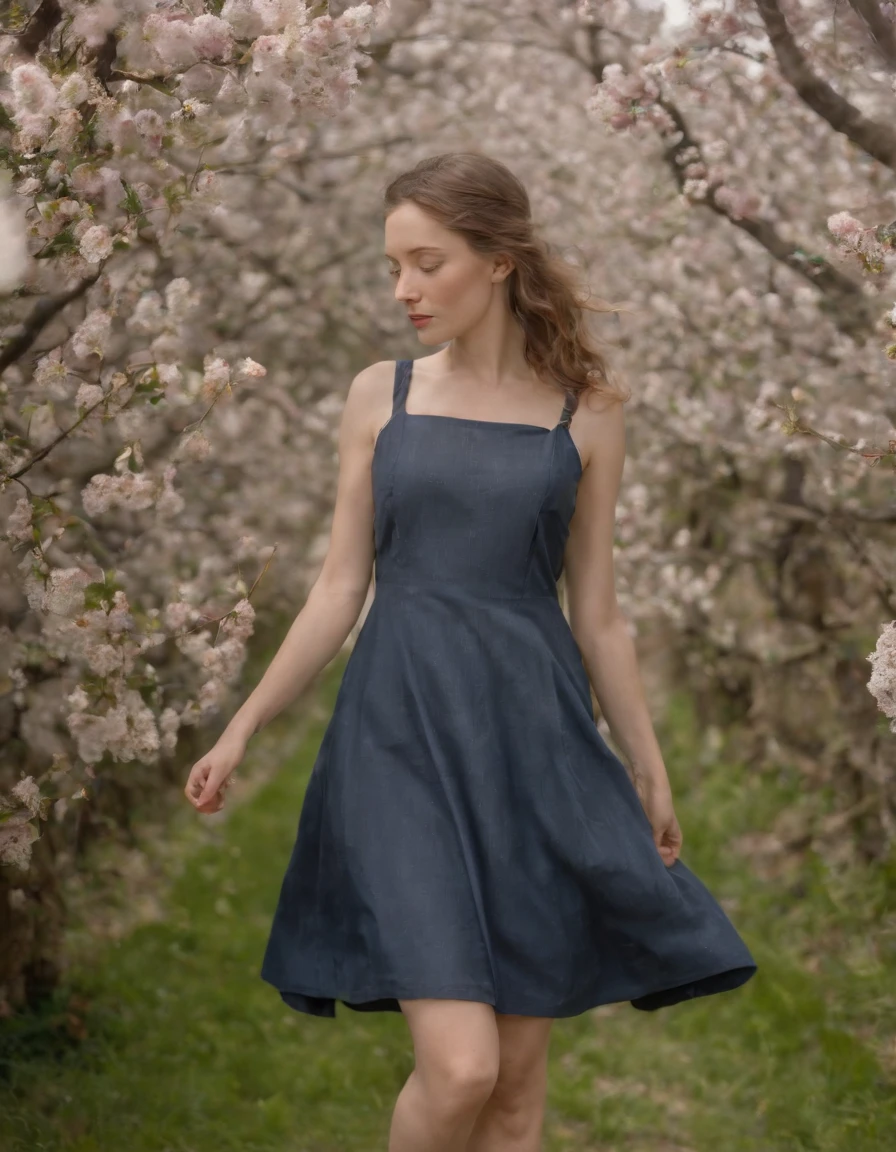 striped summer dress with hand printed cherry blossom linn, in the style of fujifilm pro 400h, close up, full of details, beatrix potter, light navy and gray, feminine empowerment, lucy glendinning ,(medium shot)