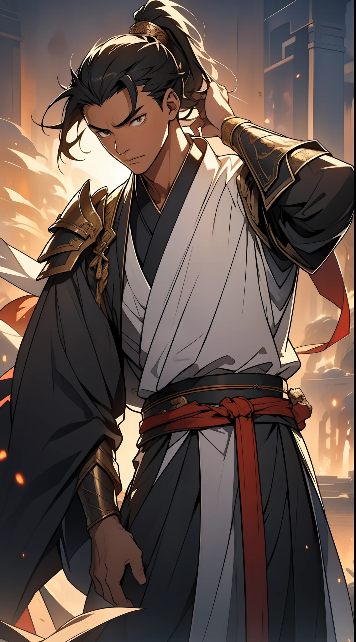 quadratic element,style of anime,mtu(Male Warrior),The proportions are correct,Face details,swordsmen,High ponytail hairstyle,Neck details,(Positive focus),(in the darkness nigth:1),(best qualtiy),(Fidelity:1),filmposter,realistic skin textures,highly detailed,8k wallpaper,Volumetriclighting,动态照明,A man,Long black ponytail hair,long white robe,white sash,A small amount of armor,Shoulder blades,Waist Guard,Hand Guard,Hold the long sword in front of you,mounted on a horse,Ancient Chinese wind,Short sword at the waist,attack pose,blood stain,Broken clothes,Ancient Chinese Battlefield,A group of ancient soldiers chased and killed,Arrows fly,There is a lot of war,the night,Dramatic composition,Sword qi surrounding,The picture is rich in detail,karo,电影灯光,Clothing is complicated,Perfectcomposition,Refinement,high qulity,higher details,Lots of details,The background is complex,a sense of atmosphere,Game quality,Swordsmanship,Light and shadow tracking,Ray traching,detailed glow,cg render,hair detail,
