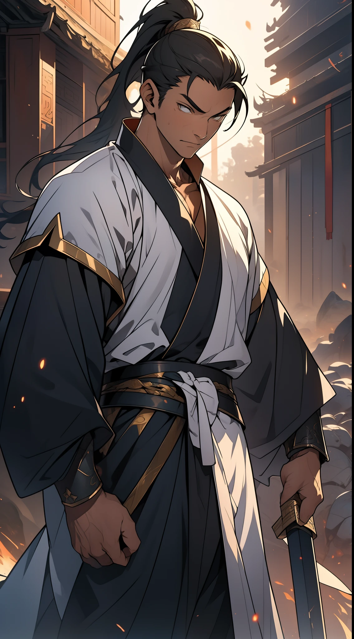 quadratic element,style of anime,mtu(Male Warrior),The proportions are correct,Face details,swordsmen,High ponytail hairstyle,Neck details,(Positive focus),(in the darkness nigth:1),(best qualtiy),(Fidelity:1),filmposter,realistic skin textures,highly detailed,8k wallpaper,Volumetriclighting,动态照明,A man,Long black ponytail hair,long white robe,white sash,A small amount of armor,Shoulder blades,Waist Guard,Hand Guard,Hold the long sword in front of you,mounted on a horse,Ancient Chinese wind,Short sword at the waist,attack pose,blood stain,Broken clothes,Ancient Chinese Battlefield,A group of ancient soldiers chased and killed,Arrows fly,There is a lot of war,the night,Dramatic composition,Sword qi surrounding,The picture is rich in detail,karo,电影灯光,Clothing is complicated,Perfectcomposition,Refinement,high qulity,higher details,Lots of details,The background is complex,a sense of atmosphere,Game quality,Swordsmanship,Light and shadow tracking,Ray traching,detailed glow,cg render,hair detail,