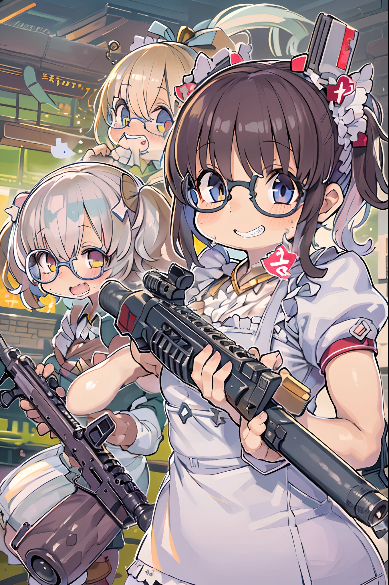 masutepiece, Best Quality, 1girl in, Empty eyes, Utsurome, maid, Smile,a  girl,Lori,(((Huge assault rifle))),rocket launcher、Multiple girls、big round glasses,double tooth