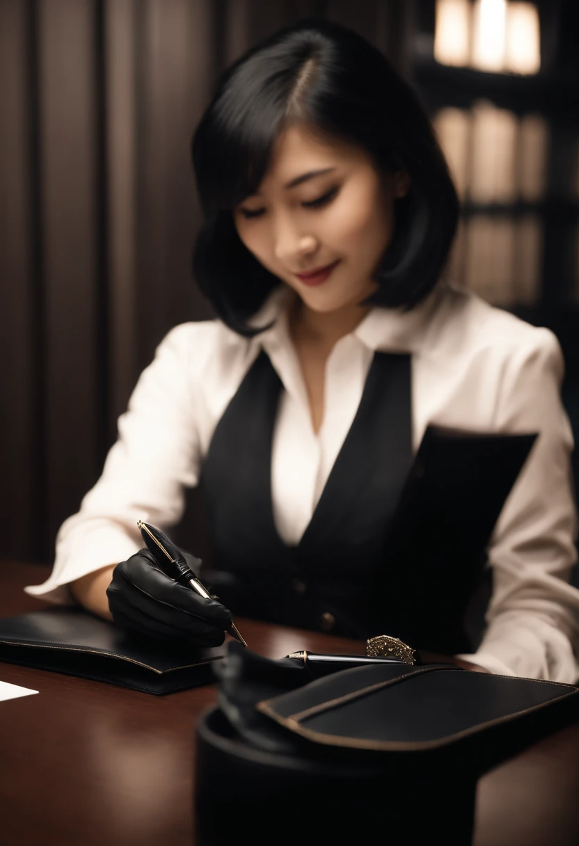 Wearing black leather gloves in both hands, upper body, black business suit, facing the desk in the modern study in the dark, looking down and smiling, writing a letter using a fountain pen, long, straight black hair, young Japanese woman (black leather gloves cover both hands)