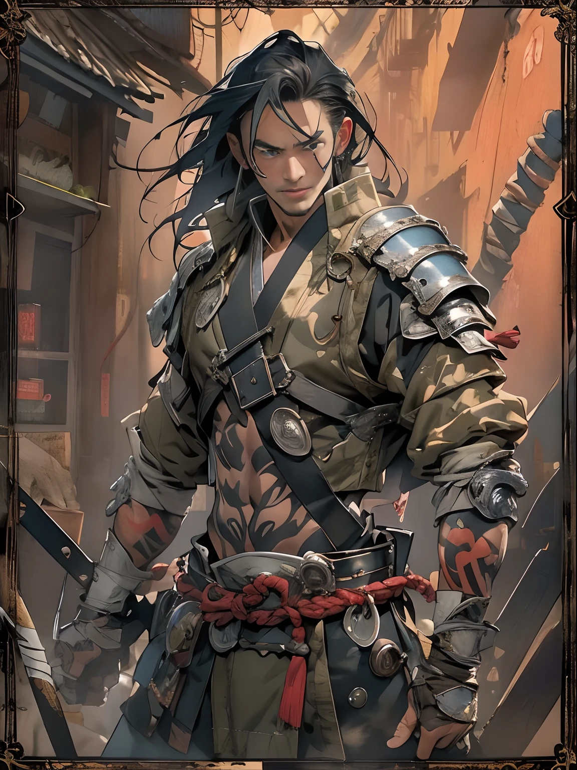(((mtu))), (((best qualityer))), (((tmasterpiece))), (((AS-Adult))), ((( Japanese ))), Look up from your knees, Handsome Asian samurai，perfect body figure, Modern samurai, ((( Asian))), Wear gloves on your hands，The left arm is made of steel and metal tips，Made of protective devices, The eyes are pulled, (( Appears below the chest )), (( Small dental floss )), Simon Bisley, Almost naked（Simon Bisley）Castle City Wilderness，For high-resolution posters, hair straight, Minimum clothing, armure (Crazy clothes ), Full of tips and rivets, tribal tattoos, (((full bodyesbian))), Straight brunette hair，Colored hair ends