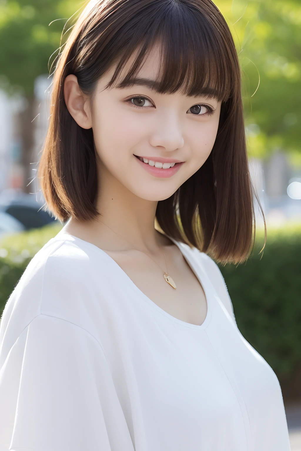 (8K、Raw photography、top-quality、masuter piece:1.2)、ultra-detailliert、ultra res、(realisitic、rialistic photo:1.37)、portlate、high-definition RAW color photography、Professional Photography、highly detailed and beautiful、ighly detailed、8K Wallpapers、amazing detailed、huge filesize、Official art、Highly detailed CG Unity 8K wallpapers、highly detailed beautiful girl、extra detailed face、extremely detailed eye、highlydetailed skin、extremely detailed fingers、highly detailed nose、very detailed detailed mouth、Perfect Anatomy、highly detailed back ground、Highly detailed clothing、女の子 1 人、(18:1.2)、Teen、Cute little girl s、famous Japan idol、cute little、Realistic body、小柄、de pele branca、glistning skin、Slim body、Handsome body、brown haired、Medium Hair、(Blunt bangs:1.2)、A smile、kawaii、zora々Right、kawaii faces、Lifelike face、Delicat eyes、Sauce order、White T-shirt、skirt by the、耳Nipple Ring、Looking at the camera、cowboy shot、front facing、Standing、Contrapo, high street, public,a park, 动态照明, large full breasts
