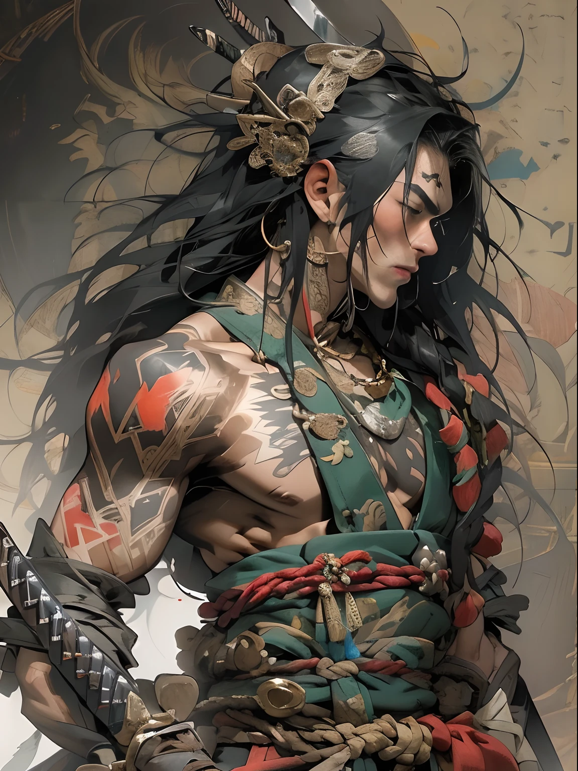 Refine, sharpen, detail, African American splitting from a demon oni. He has striking purple eyes that exude an immense strength tempered yet raging with a flicker of lightning in them, highlighting the deep purple. He has long dreadlocks in beautiful condition. golden and black silks compliment the golden piercings tastefully present in his mahogany skin.his clothing is modern and sleek with pieces of clothes from the demonic possession bleeding. Mirror image,
