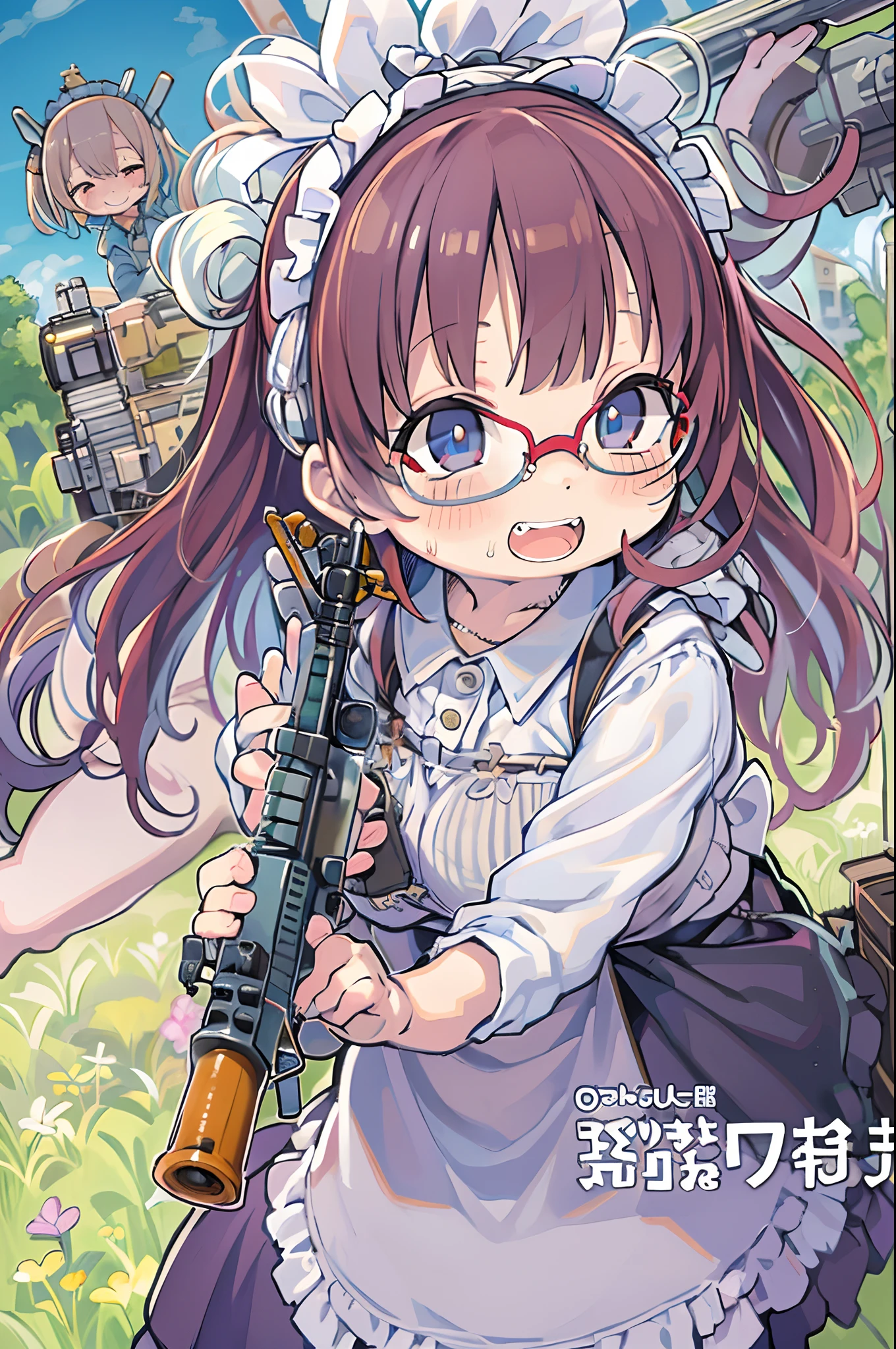 masutepiece, Best Quality, 1girl in, Empty eyes, Utsurome, maid, Smile,a girl,Lori,(((Huge assault rifle))),rocket launcher、Multiple girls、big round glasses,double tooth