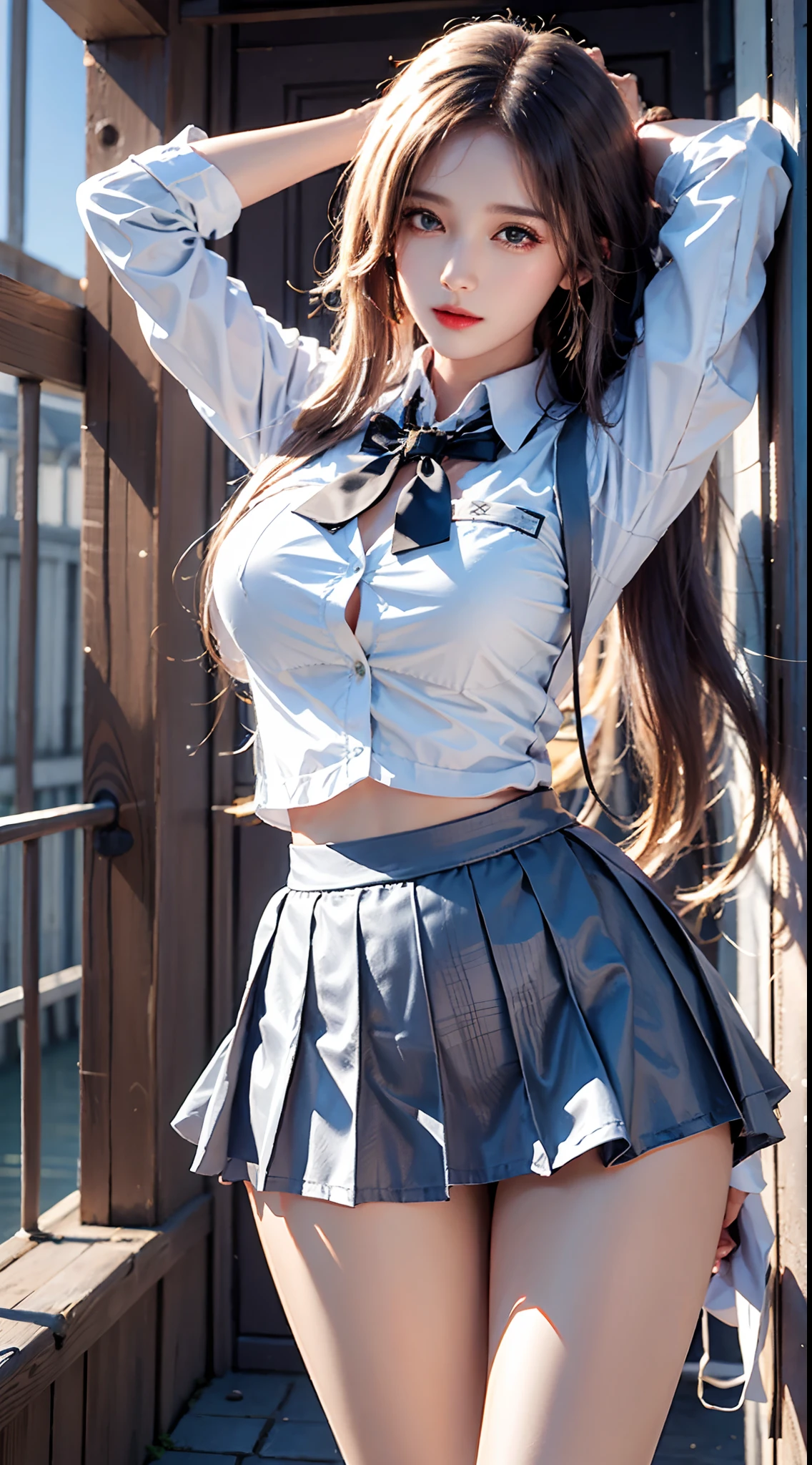 photorealistic,  high resolution,  soft light, 1women,  solo,  hips up,  dynamic pose,  shining skin,  jewelry,  school uniform, skirt, shirt