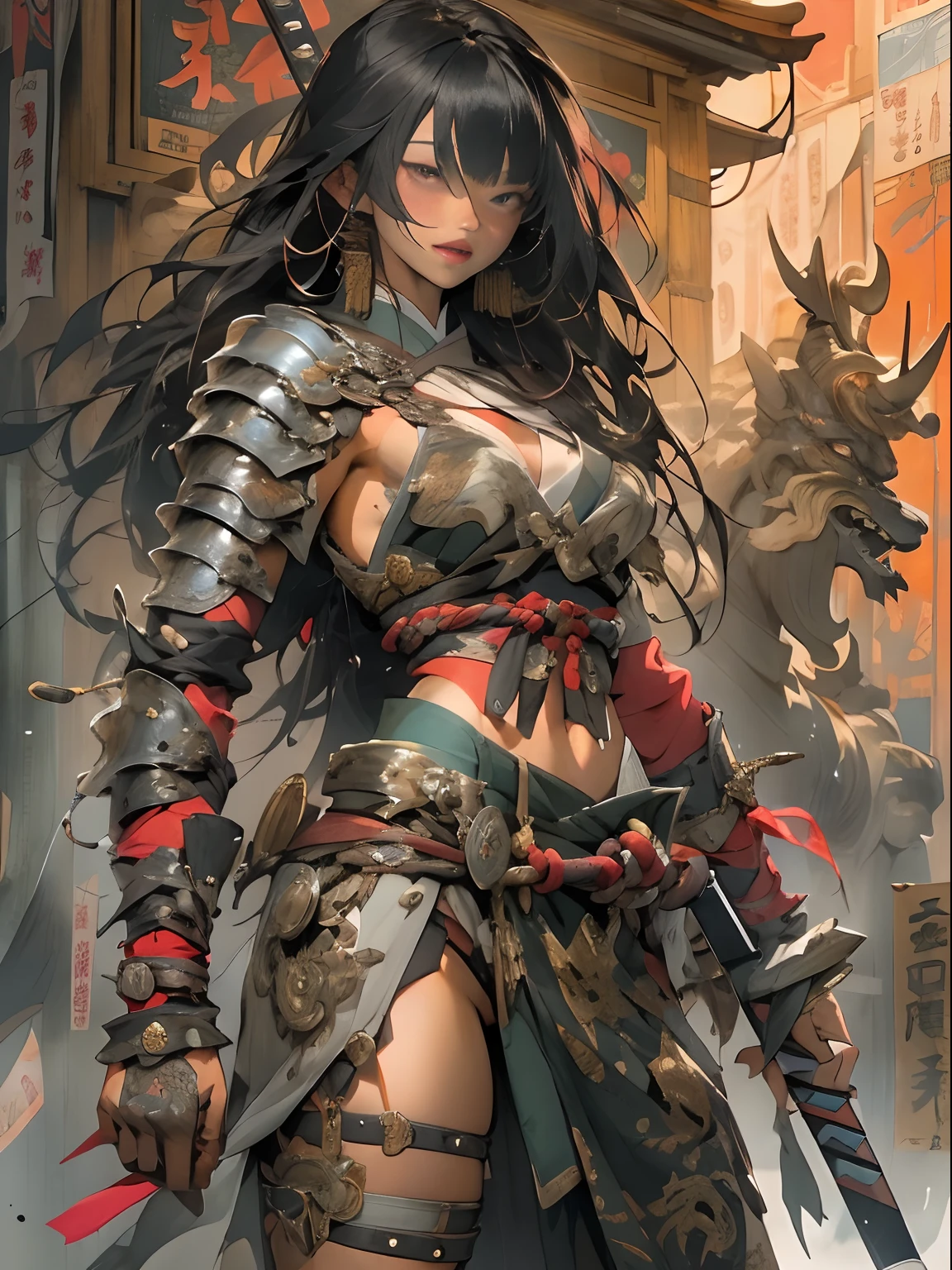 (((woman))), (((best qualityer))), (((tmasterpiece))), (((AS-Adult))), ((( Japanese ))), Look up from your knees, A beautiful asian samurai woman with perfect body, Modern samurai, ((( Asian))), Wear gloves on your hands，The left arm is made of steel and metal tips，Made of protective devices, The eyes are pulled, (( Appears below the breast )), (( Small dental floss )), Simon Bisley, Almost ?????（Simon Bisley）Castle City Wilderness，For high-resolution posters, hair straight, Minimum clothing, armure (Crazy clothes ), Full of tips and rivets, tribal tattoos, (((full bodyesbian))), Straight brunette hair，Colored hair ends