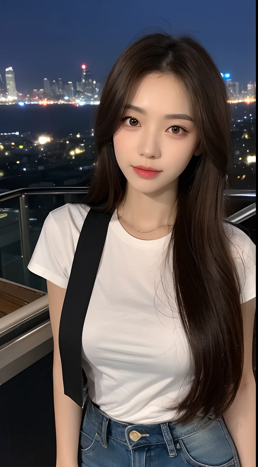 ((Midnight, Best quality, 8k, Masterpiece :1.3)), Whole body, Long legs, Sharp focus :1.2, A pretty woman with perfect figure :1.4, Slender abs :1.1, ((Dark brown hair, Big breasts :1.2)), (White tight tshirt, Jean bib, Standing:1.2), ((Night city view, Rooftop:1.3)), Highly detailed face and skin texture, Detailed eyes, Double eyelid