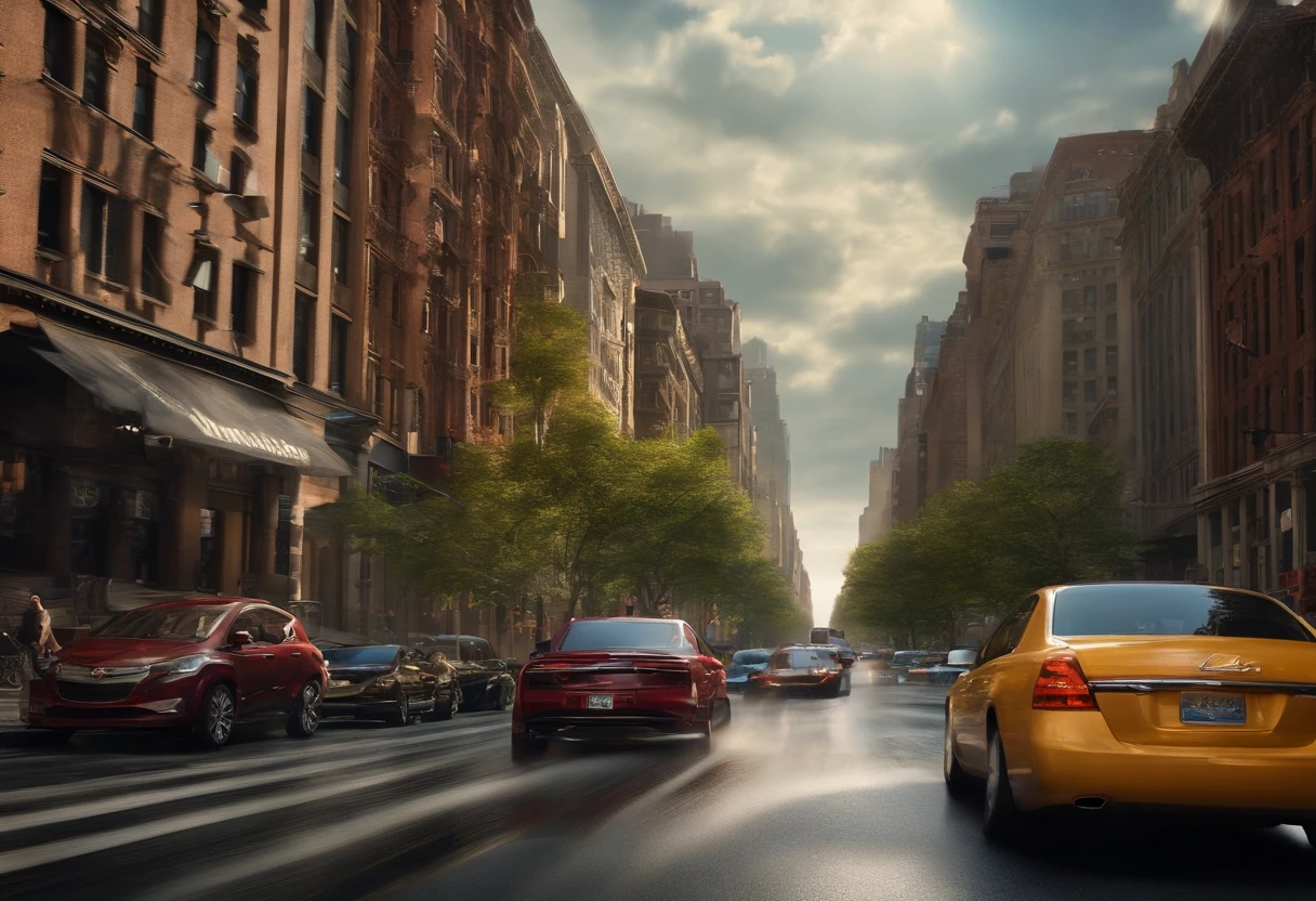A New York street with a wave of the sea is shown as a tsunami entering, se ven personas asustadas corriendo por sus vidas, se ven coches en la calle, edificios a los lados, muy detallado, hyper-realistic, cinematographic, photography