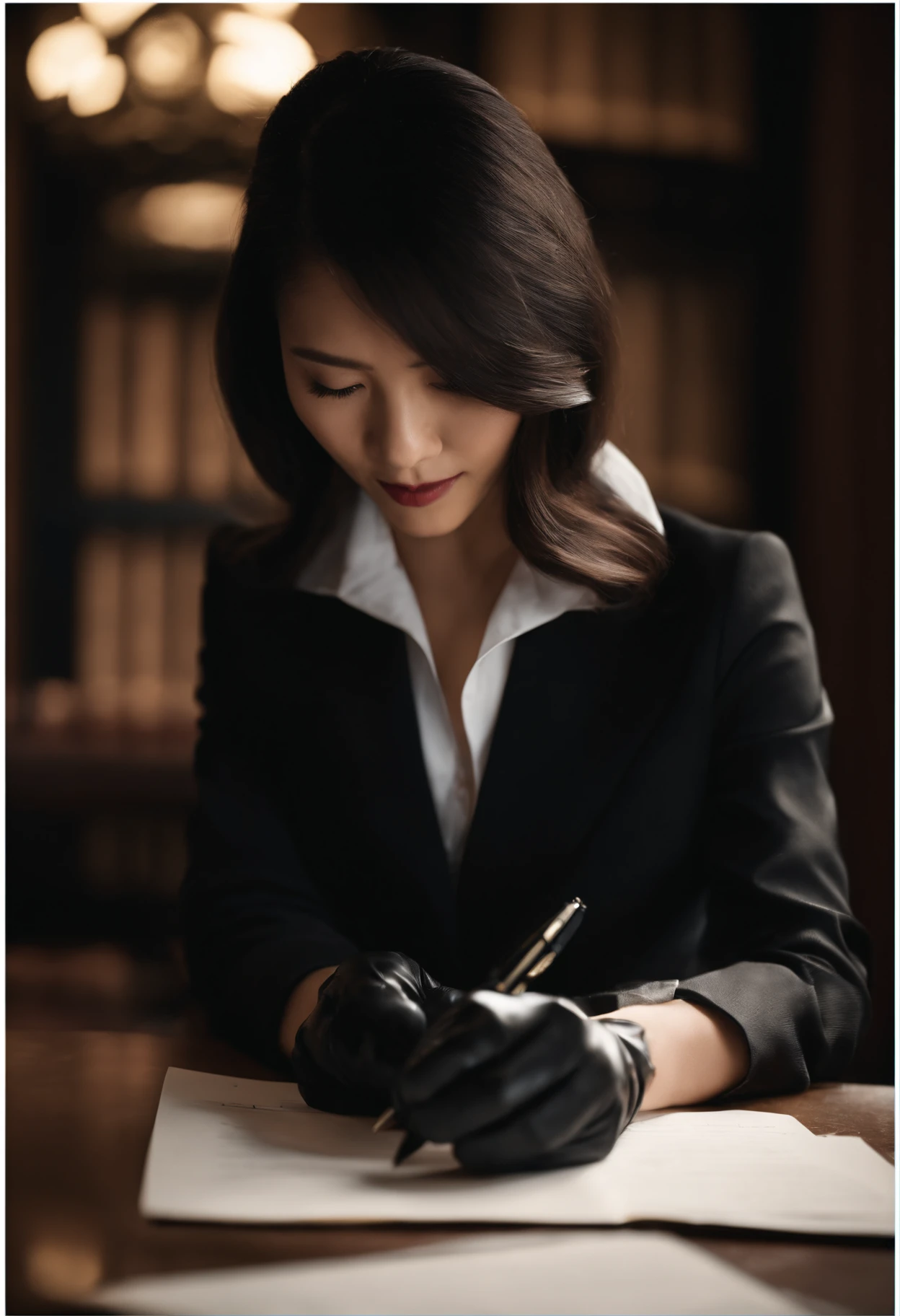 Wearing black leather gloves in both hands, upper body, black business suit, facing the desk in the modern study in the dark, looking down and smiling, writing a letter using a fountain pen, long, straight black hair, young Japanese woman (black leather gloves cover both hands)