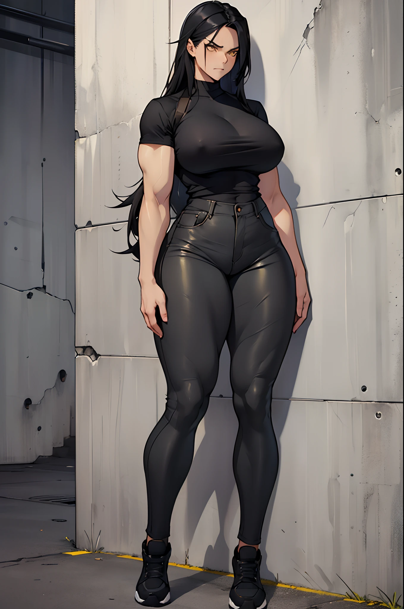((1 girl, wide hips, thick thighs, large tits)), solo, ((((muscular)))), black hair, yellow eyes, angry, pale sin, very long hair, (tight shirt, tight pants, full body), concrete wall, against wall