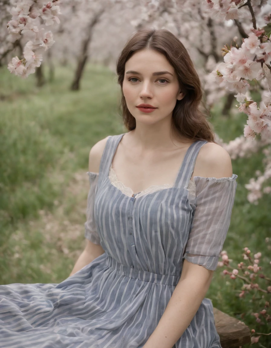 striped summer dress with hand printed cherry blossom linn, in the style of fujifilm pro 400h, close up, full of details, beatrix potter, light navy and gray, feminine empowerment, lucy glendinning ,(upper body)