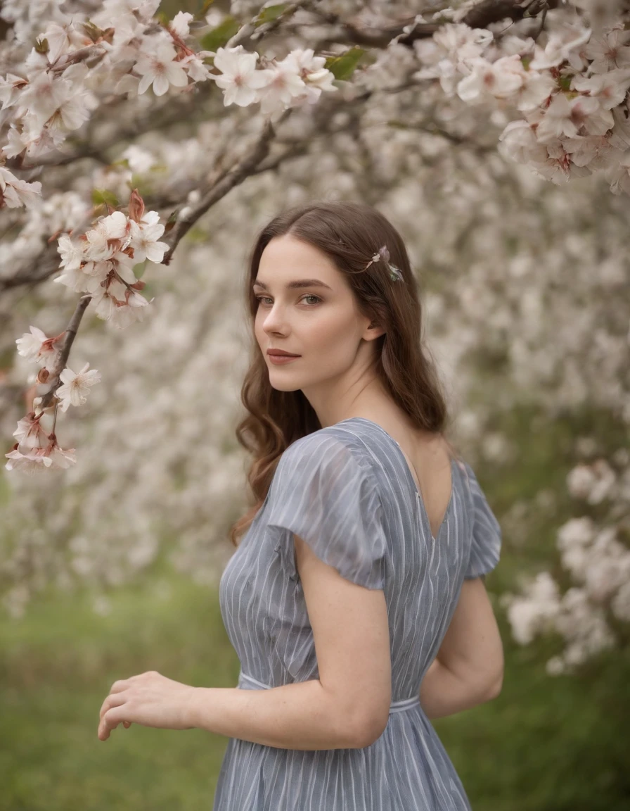 striped summer dress with hand printed cherry blossom linn, in the style of fujifilm pro 400h, close up, full of details, beatrix potter, light navy and gray, feminine empowerment, lucy glendinning ,(upper body)