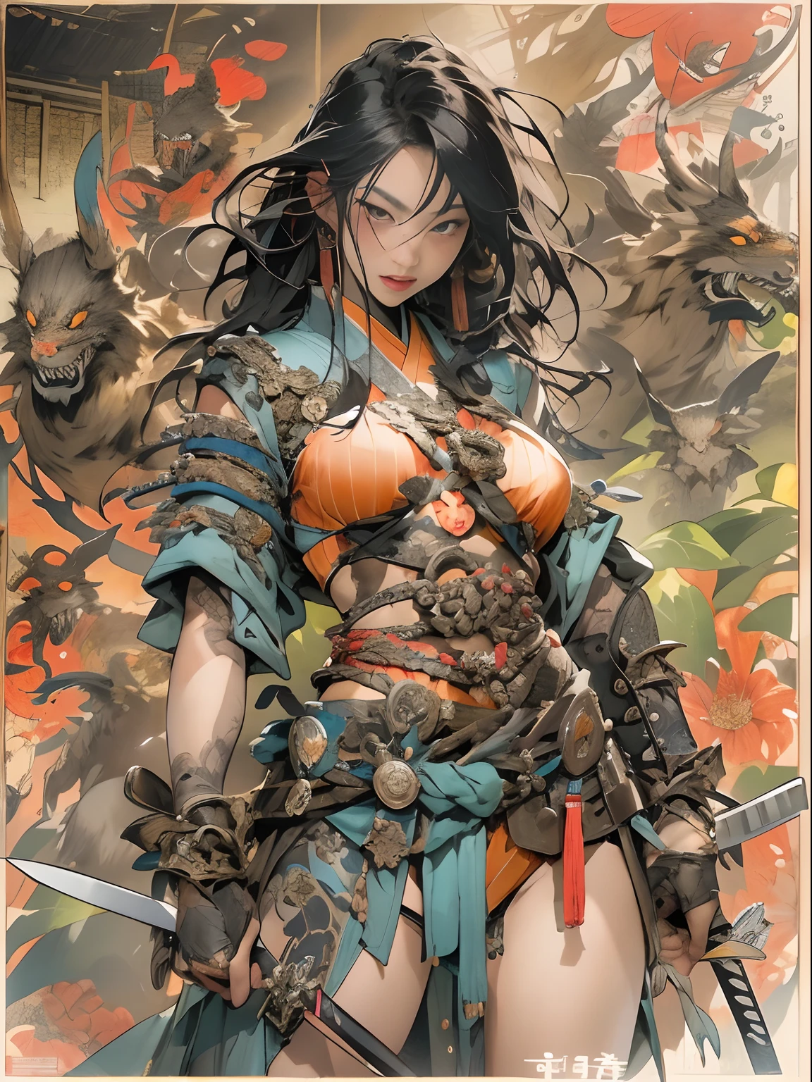 (((woman))), (((best qualityer))), (((tmasterpiece))), (((AS-Adult))), ((( Japanese ))), Look up from your knees, A beautiful asian samurai woman with perfect body, Modern samurai, ((( Asian))), Wear gloves on your hands,The left arm is made of steel and metal tips,Made of protective devices, The eyes are pulled, (( Appears below the breast )), (( Small dental floss )), Simon Bisley, Almost naked(Simon Bisley)Castle City Wilderness,For high-resolution posters, hair straight, Minimum clothing, armure (Crazy clothes ), Full of tips and rivets, tribal tattoos, (((full bodyesbian))), Straight brunette hair,Colored hair ends