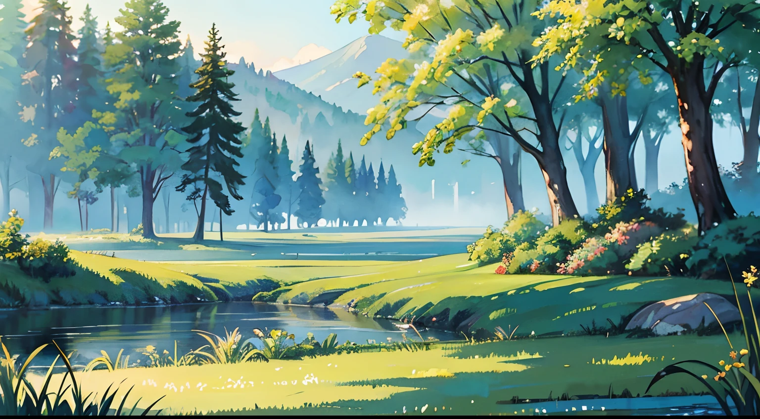 (Watercolor in Sargent style)、(top-quality、masterpiece)、Soft light、Countryside painted on a foggy morning、Fusion of matte painting and impressionism。Create an ethereal scene in a gentle morning foggy meadow。Depicting the delicate and blurry brushwork characteristic of Impressionism、Capture the elusive nature of fog、Add layers of depth and detail with matte painting technique。Using the Soft Color Palette、Enhance the serene atmosphere of the countryside
