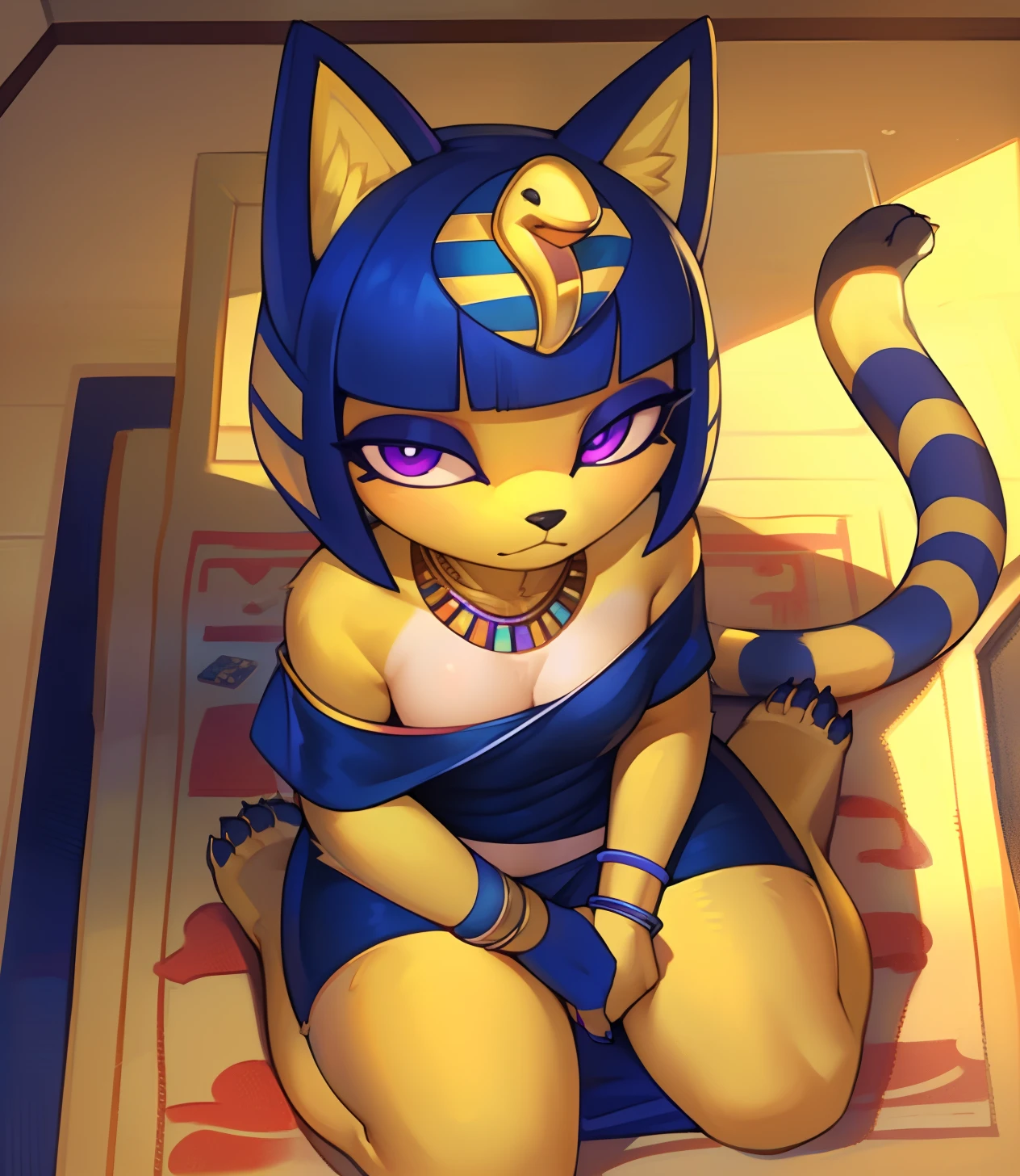 [ankha; Animal Crossing], [Uploaded to e621.net; (Pixelsketcher), (wamudraws)], ((masterpiece)), ((solo portrait)), ((upper body)), ((bird's-eye view)), ((feet visible)), ((furry; anthro)), ((detailed fur)), ((detailed shading)), ((beautiful render art)), {anthro; (yellow fur, black nose), cute glowing purple eyes, (shadow over eyes), (indigo eyeshadow), (egyptian eye make-up), cat ears, frown, (expressionless), cat tail, (slightly muscular legs), (beautiful feet),  (dark blue claws)}, {(short white off-shoulder dress), small boobs, (colorful necklace), (detailed snake headwear), (blue bracers), (dark blue thong panties)}, {(looking up at viewer), (on knees), (hands on floor), (legs spread open)}, [background; (bedroom), (yellow walls), (blue floor), (dark lighting)]