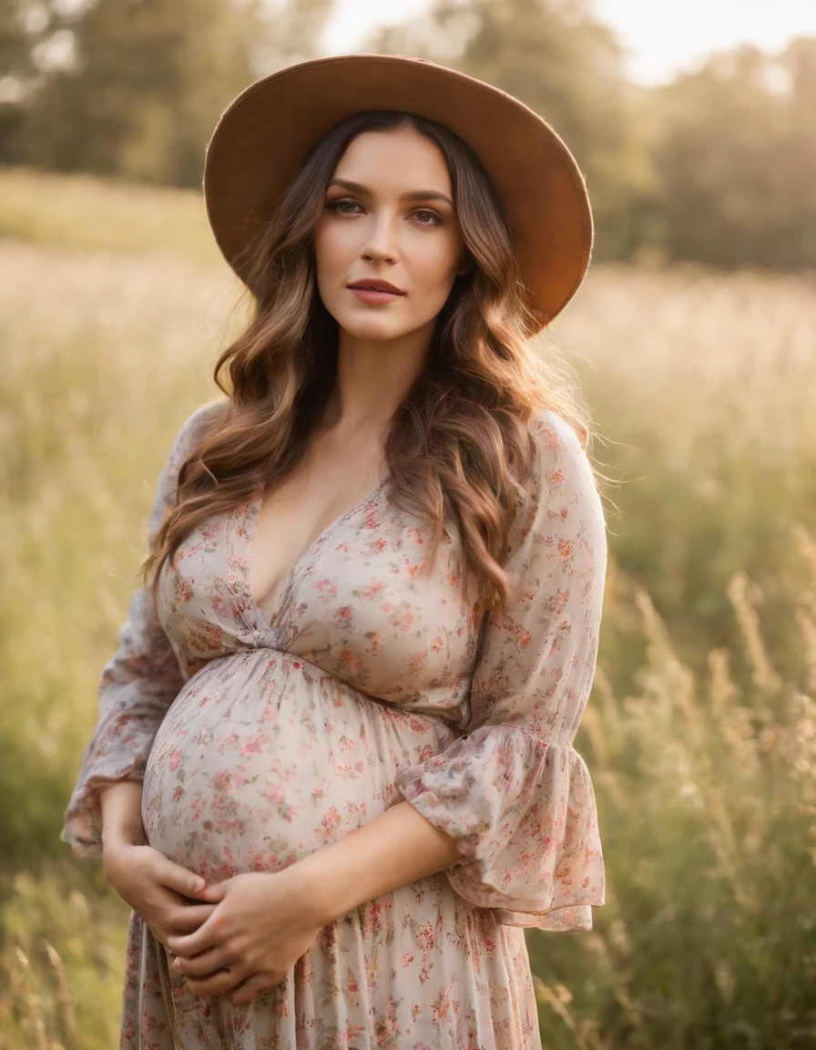 an up close photo of a pregnant woman dressed in bohemian-inspired fashion, wearing a flowy maxi dress with floral prints, layered with a denim jacket and accessorized with a floppy hat and vintage accessories. Her hair is styled in loose waves or natural curls. The setting is a sunlit park or meadow, with long grass and wildflowers,