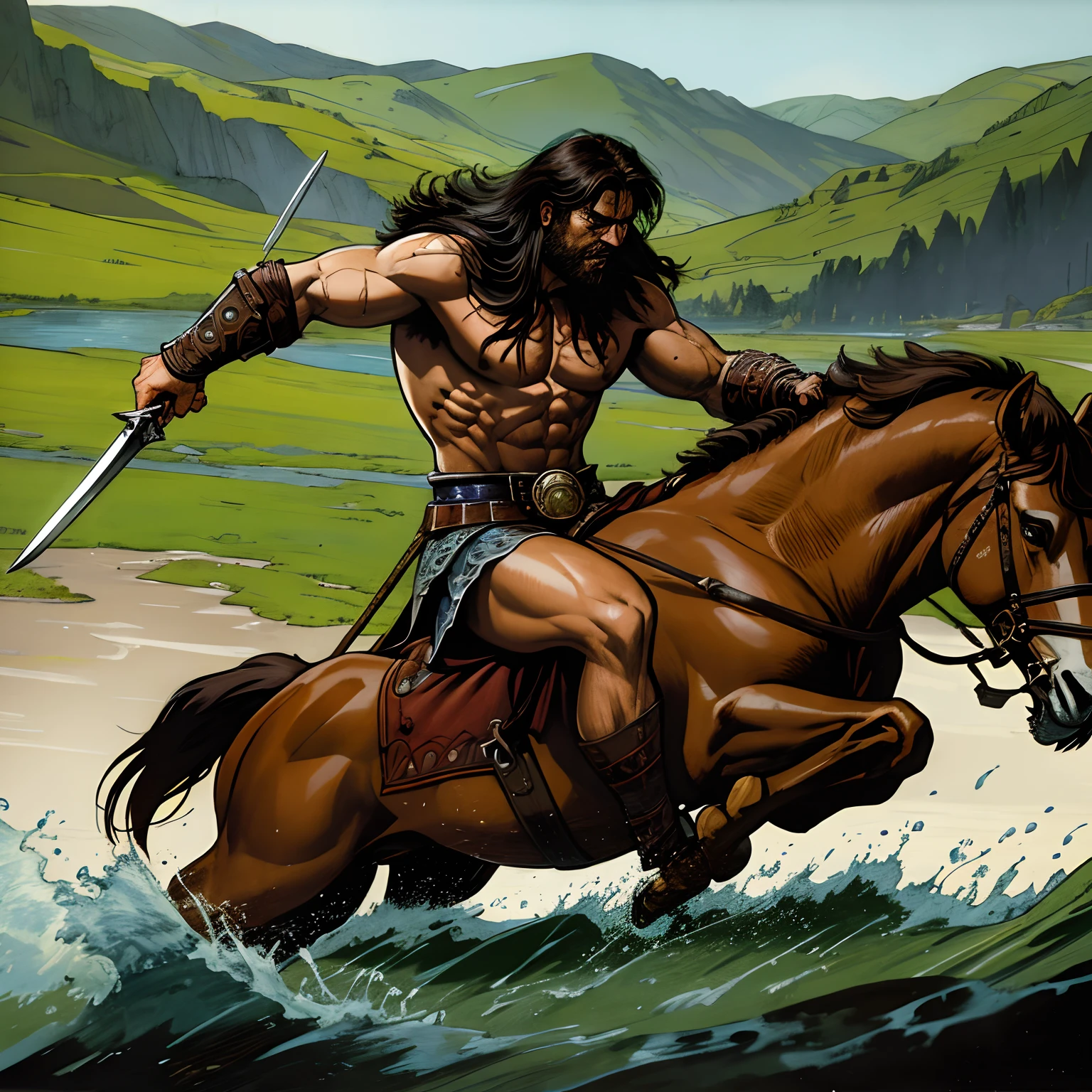 Excellence HD 8K Male Classic Art Comics Barbaria n, Conan, The Barbarian Traversing a Marshy Ground, with a dagger in his hand, suado, respingos de lama
