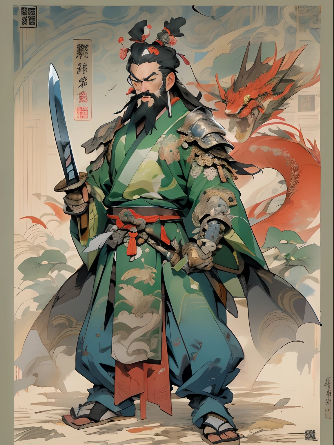 (((China-style,Ink painting method,Half-length portrait,Intense color,Han dynasty, China,Hanfu,Armor,Guan yu,Guan Yunchang,of a guy,Ruddy killing square face,Hold the Blue Dragon Moon Knife in his right hand,Stroke your beard with your left hand,Long hair,petty eyes,Green robe))), (((best qualityer))), (((tmasterpiece))), (((AS-Adult))), ((( Japanese ))), Look up from your knees, Handsome Asian samurai,perfect body figure, Modern samurai, ((( Asian))), Wear gloves on your hands,The left arm is made of steel and metal tips,Made of protective devices, The eyes are pulled, (( Appears below the chest )), (( Small dental floss )), Simon Bisley, Almost naked(Simon Bisley)Castle City Wilderness,For high-resolution posters, hair straight, Minimum clothing, armure (Crazy clothes ), Full of tips and rivets, tribal tattoos, (((full bodyesbian))), Straight brunette hair,Colored hair ends
