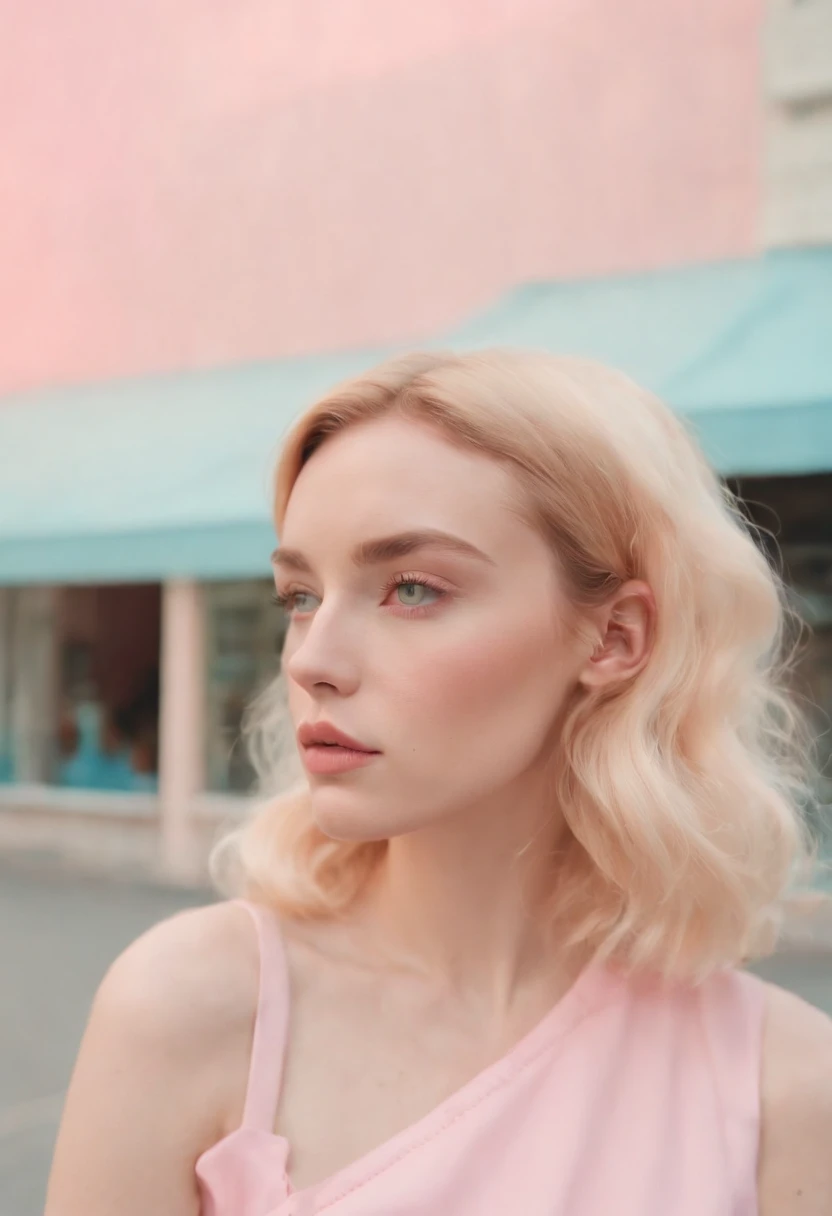 Market, neopop, pastel colors, by jimmy marble, portrait model pose, (medium shot)