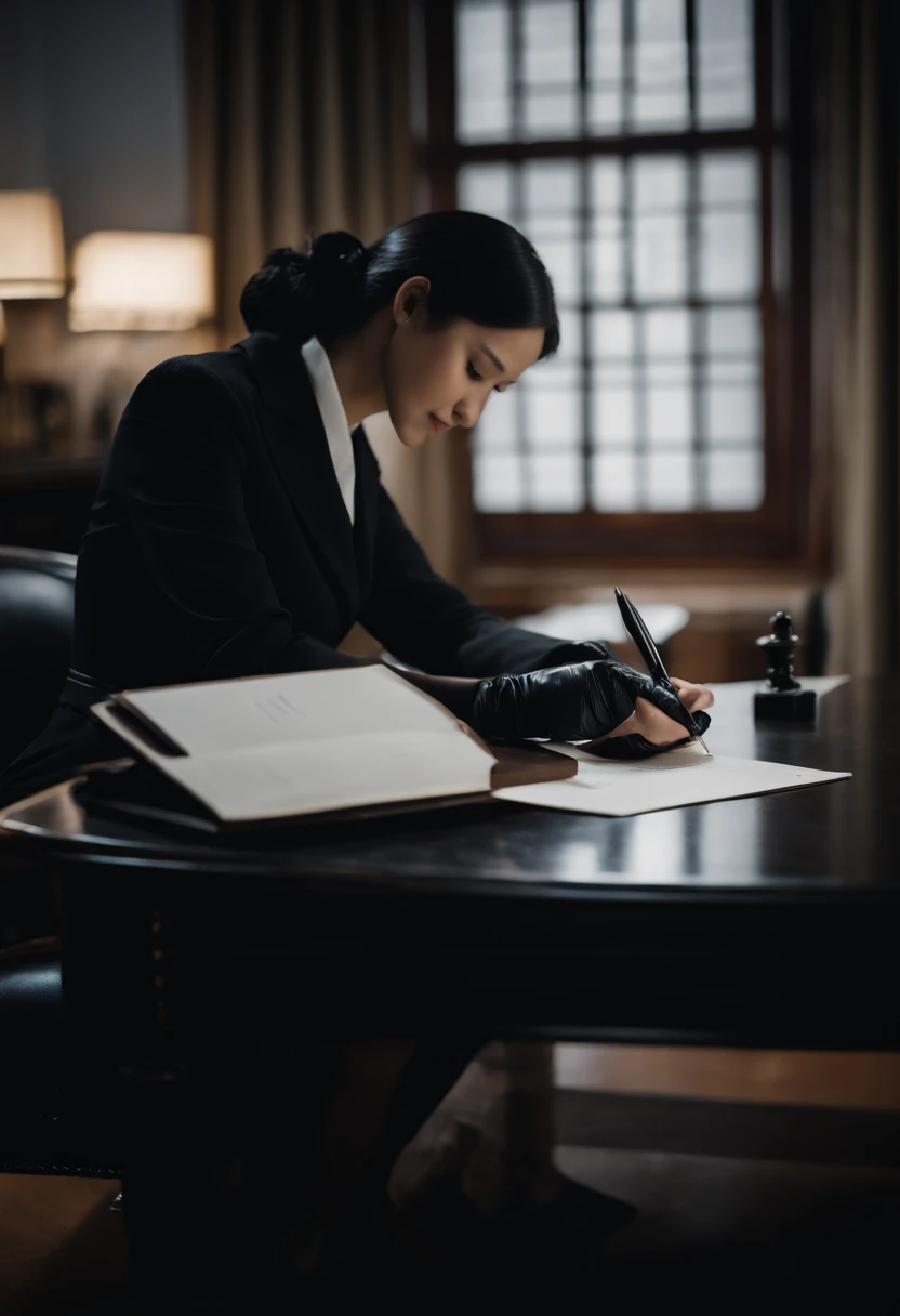 Wearing black leather gloves in both hands, upper body, black business suit, facing the desk in the modern study in the dark, looking down and smiling, writing a letter using a fountain pen, long, straight black hair, young Japanese woman (black leather gloves cover both hands)