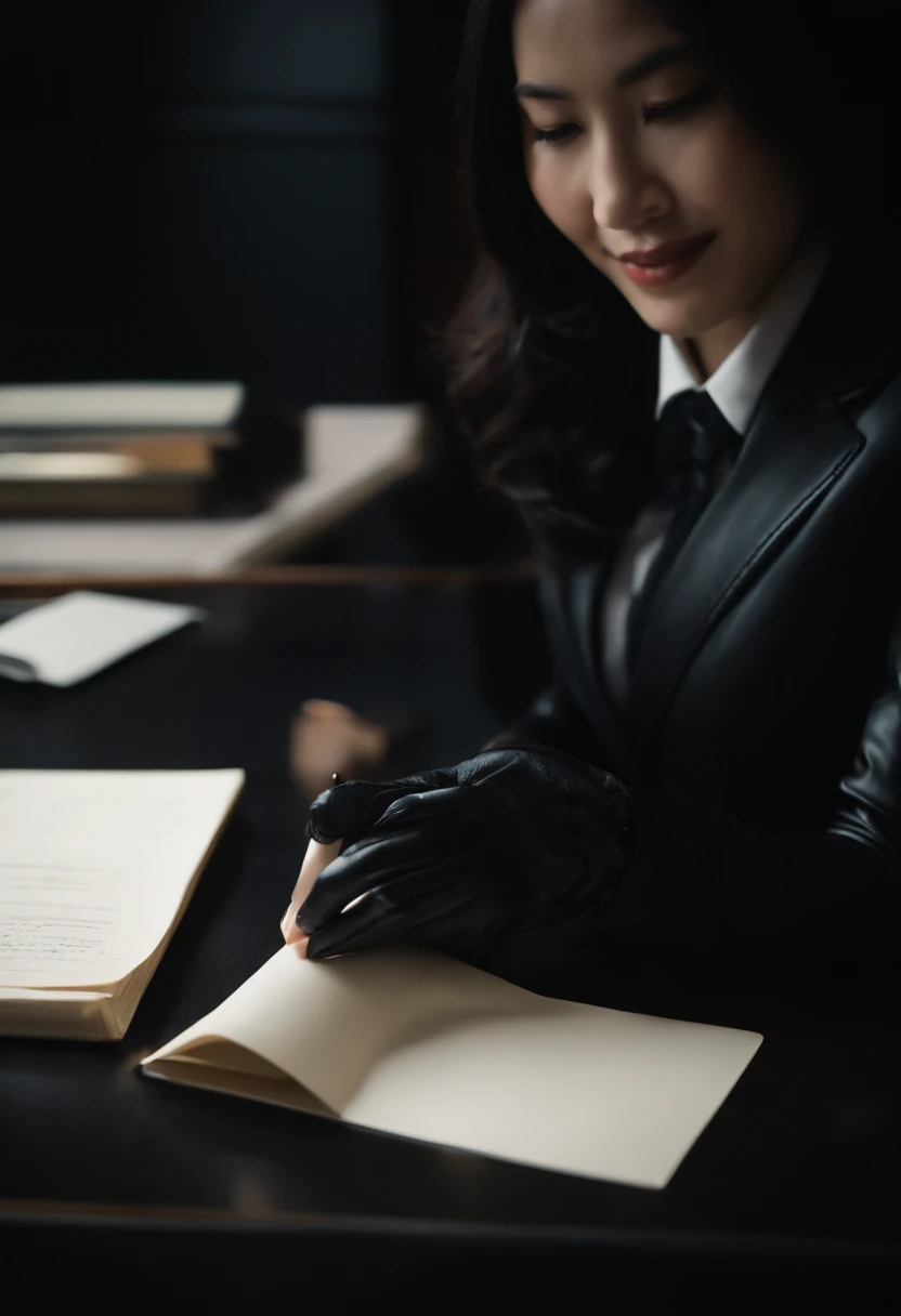 Wearing black leather gloves in both hands, upper body, black business suit, facing the desk in the modern study in the dark, looking down and smiling, writing a letter using a fountain pen, long, straight black hair, young Japanese woman (black leather gloves cover both hands)