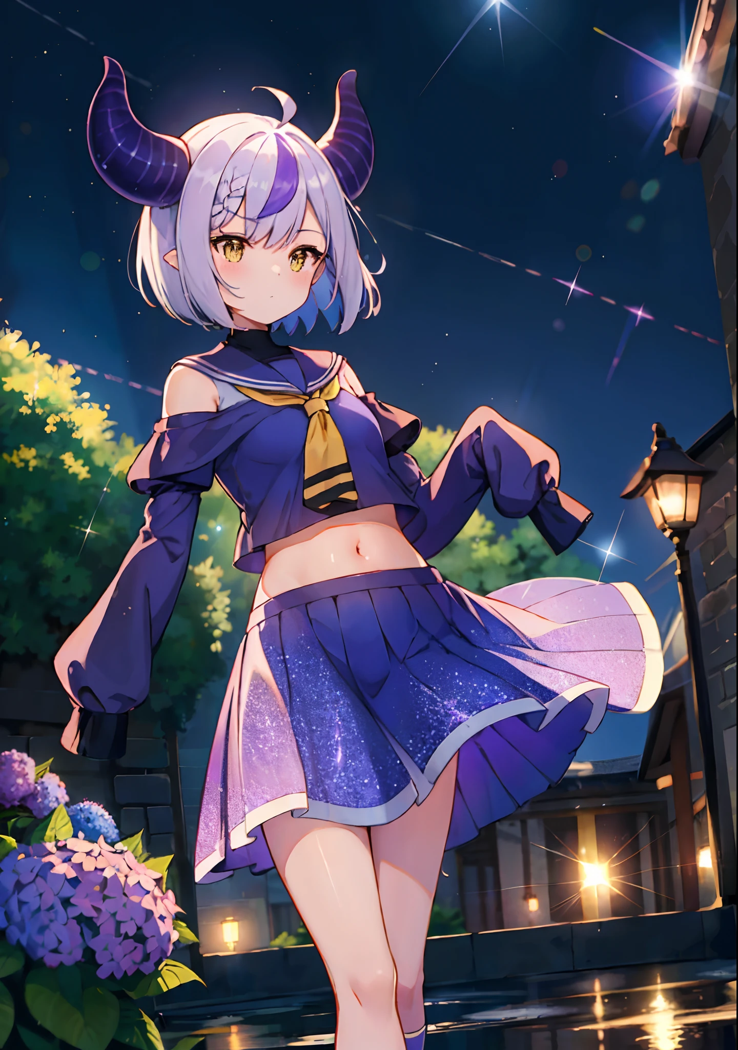 (solo), cute (1girl) walking,path,[from below:1.2],sine short hair, puddle,Water Reflection,rain,floating water drop,hydrangea,(blurry foreground),dynamic angle,asphalt,(night sky),lens flare, off-shoulder oversized shirt, navel, school uniform, (glitter:1.2), ((sleeves past wrists)), (sleeves past fingers))