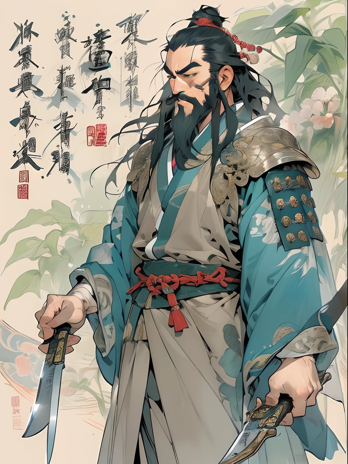 (((China-style，Ink painting method，Half-length portrait，Intense color，Han dynasty, China，Hanfu，Armor，Guan yu，Guan Yunchang，of a guy，Ruddy killing square face，Hold the Blue Dragon Moon Knife in his right hand，Stroke your beard with your left hand，Long hair，petty eyes，Green robe))), (((best qualityer))), (((tmasterpiece))), (((AS-Adult))), ((( Japanese ))), Look up from your knees, Handsome Asian samurai，perfect body figure, Modern samurai, ((( Asian))), Wear gloves on your hands，The left arm is made of steel and metal tips，Made of protective devices, The eyes are pulled, (( Appears below the chest )), (( Small dental floss )), Simon Bisley, Almost naked（Simon Bisley）Castle City Wilderness，For high-resolution posters, hair straight, Minimum clothing, armure (Crazy clothes ), Full of tips and rivets, tribal tattoos, (((full bodyesbian))), Straight brunette hair，Colored hair ends