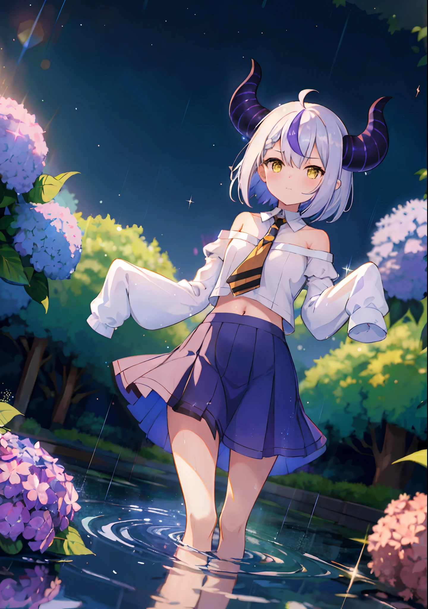 (solo), cute (1girl) walking,path,[from below:1.2],sine short hair, puddle,Water Reflection,rain,floating water drop,hydrangea,(blurry foreground),dynamic angle,asphalt,(night sky),lens flare, off-shoulder oversized shirt, navel, school uniform, (glitter:1.2), ((sleeves past wrists)), (sleeves past fingers))