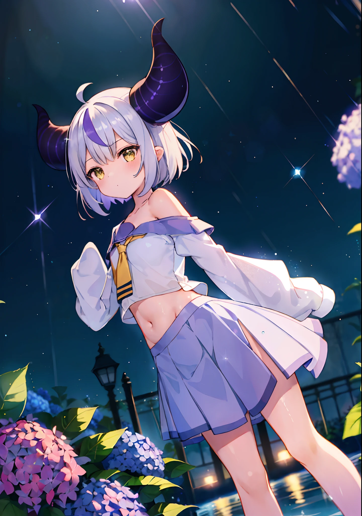 (solo), cute (1girl) walking,path,[from below:1.2],sine short hair, puddle,Water Reflection,rain,floating water drop,hydrangea,(blurry foreground),dynamic angle,asphalt,(night sky),lens flare, off-shoulder oversized shirt, navel, school uniform, (glitter:1.2), ((sleeves past wrists)), (sleeves past fingers))