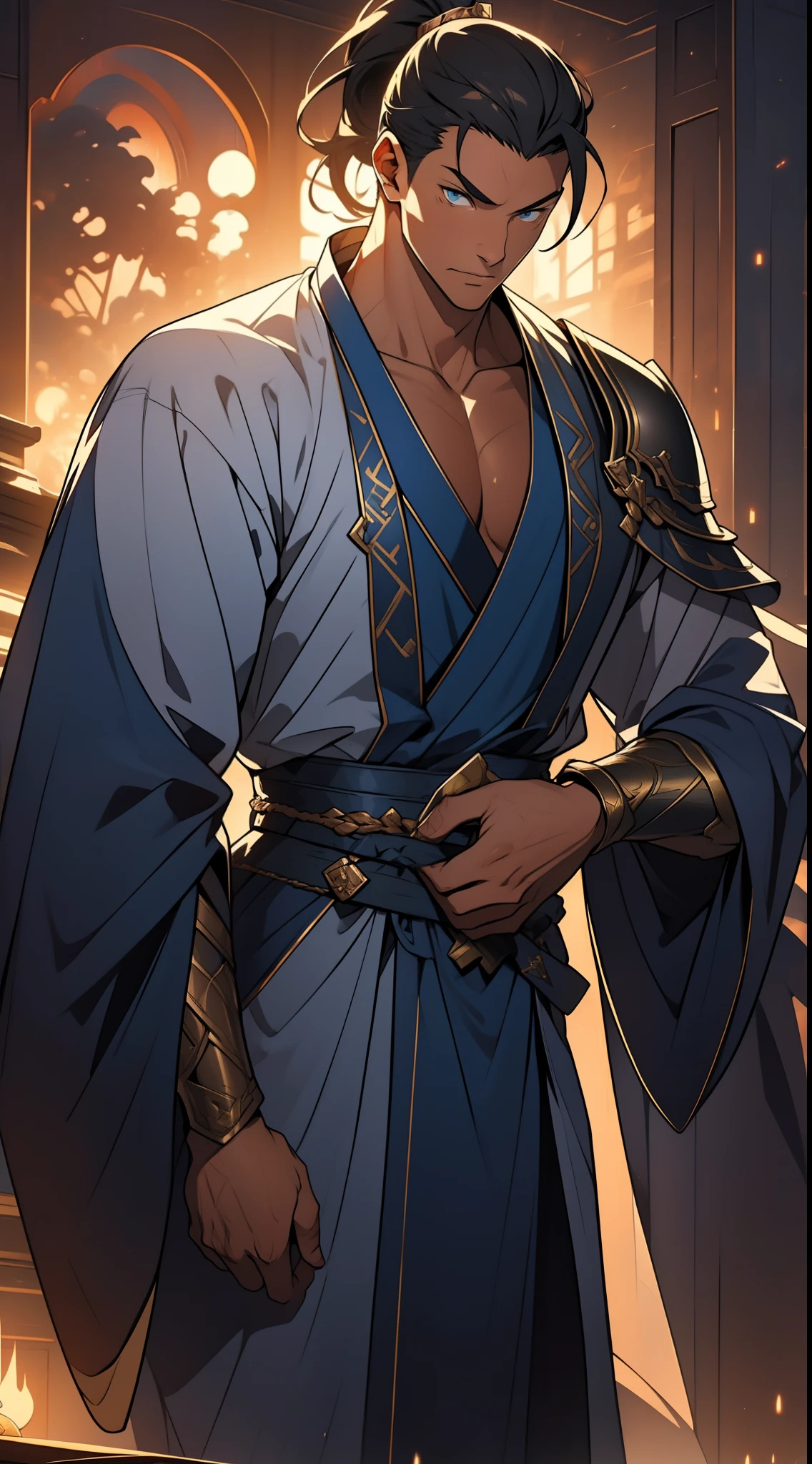 quadratic element,style of anime,mtu(Male Warrior),The proportions are correct,Face details,swordsmen,High ponytail hairstyle,Neck details,There is an Adam's apple,Blue suit,kaftan,long blue robes,clothes details,Handing over,longer sleeves,Game quality,Swordsmanship,Light and shadow tracking,Ray traching,detailed glow,cg render,hair detail,cabelos preto e longos,blue colored eyes,Handsome,Handsome,(juvenile sense),Clothing is complicated,Perfectcomposition,Refinement,high qulity,higher details,Lots of details,The background is complex,a sense of atmosphere,