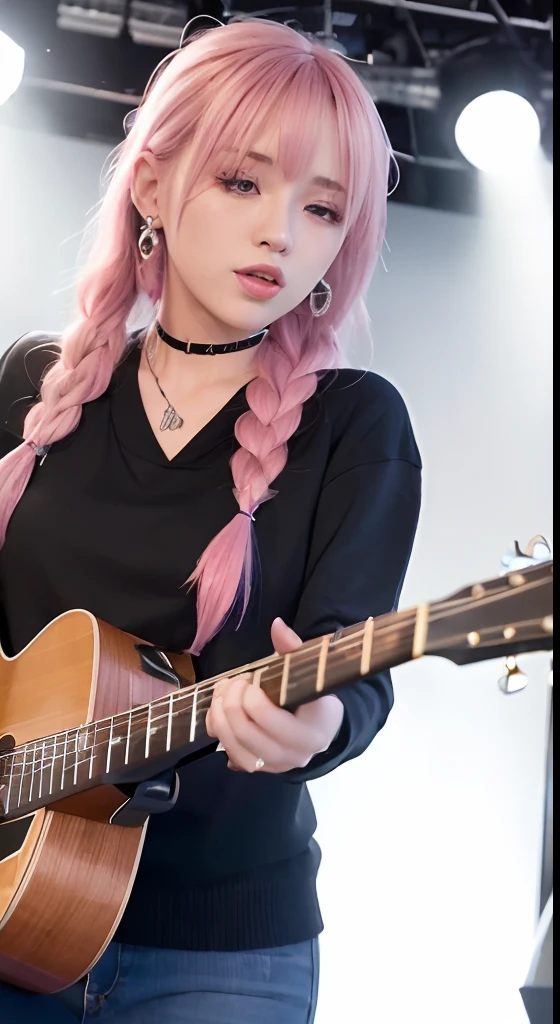 (masutepiece:1.3, Best Quality, Photorealistic, Ultra-detailed, Finely detailed, High resolution, 8K Wallpaper), 1 beautiful girl, Band Group Vocals, in a black hoodie, Singing a song on an electric guitar, Stand Microphone, Mouth open, Beautiful face, Detailed face, Beautiful eyes, Detailed eyes, Looks fun、Smiling, earrings, Necklace, Detailed guitar, (Straight guitar neck and 6 strings), Only 1 person,Pink Hair Medium Hair, (Pink hair), Ear Hair, small tits, Single braid, (Single braid), (Side braid),on a stage, Spotlight, Look at the viewer、small tits