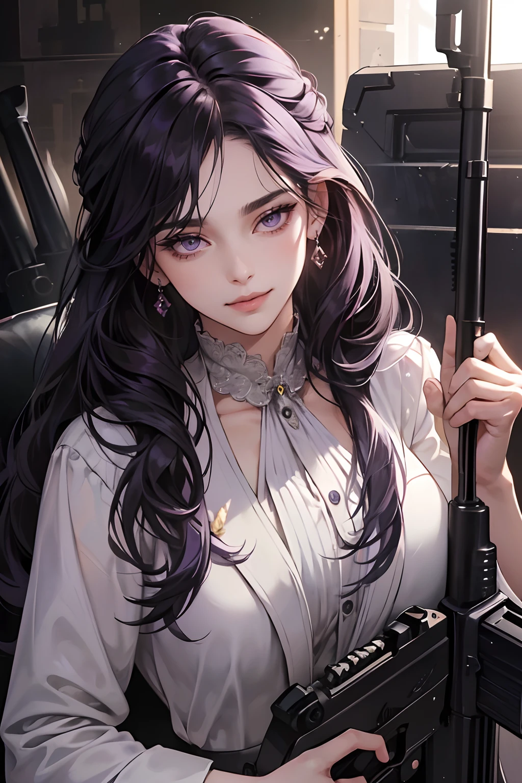 masterpiece, best quality, realistic, 1woman, mature female, beautiful, 25 years old, close his eyes, smile, closed mouth, extremely detailed face, ((dark purple eyes)), ((Black front bang long hair with French twist)), [thin eyebrows], mafia, ((holding a machine gun)), accurate, detailed.