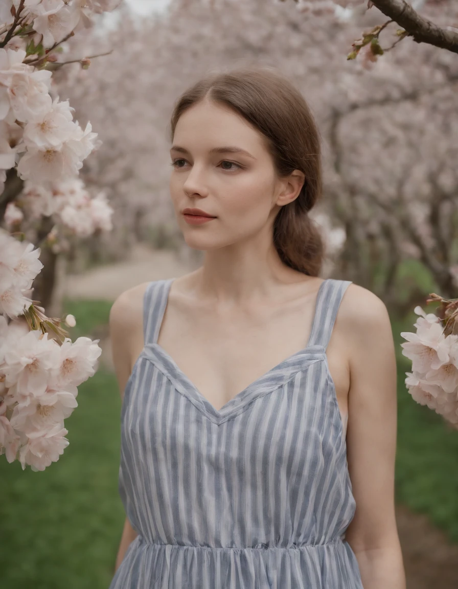 striped summer dress with hand printed cherry blossom linn, in the style of fujifilm pro 400h, close up, full of details, beatrix potter, light navy and gray, feminine empowerment, lucy glendinning,(medium close-up)