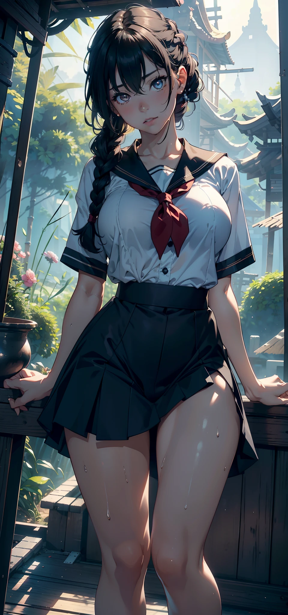 1female，25 age old，Slim，Large breasts，long leges，Big breasts Thin waist，Pornographic exposure， 独奏，（Background with：bamboo forrest，Stand in a sea of flowers，in summer） She has short black hair，standing on your feet，Sweat profusely，drenched all over the body，seen from the front， Twist braids， mostly cloudy sky，（（（tmasterpiece），（Very detailed CG unity 8K wallpaper），best qualtiy，cinmatic lighting，detailed back ground，beatiful detailed eyes，Bright pupils，（Very fine and beautiful），（Beautiful and detailed eye description），ultra - detailed，tmasterpiece，）），facing at camera，A high resolution，ultra - detailed），revealing breasts，Bare genitalia， Bulge，Camel toes，Raised sexy，Flushed complexion，Open-mouthed，frontage，shinigami，（Wearing：Sailor uniform，Black socks，）nakeness，upper body photos