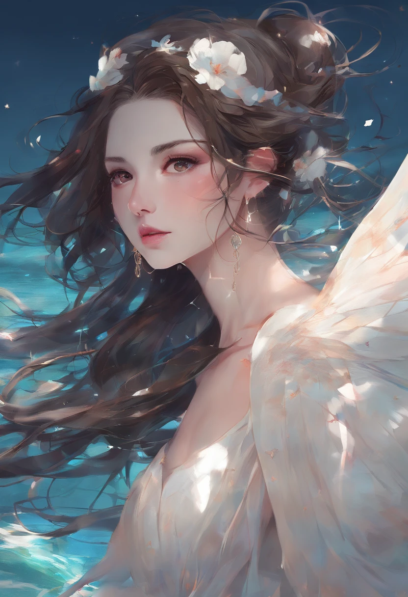 Masterpiece:1.4),, (Best quality:1.4),, Ultra-high RES,, 8K, CG,, (Extremely delicate and beautiful:1.2),,The upper part of the body,, 1girll,, Solo,, fashi-girl,, Mature girl,, , huge tit, Sweet,, , Sea backgroun,the reef,swell sea,Long brown hair,, pony-tail hair,, , Brown eyes,, Closed mouth,, Red lips,, , Face blown away by the wind,, ,Delicate depiction of facial features,almond eyes,Delicate eyeliner。long eyelasher,greene eyes,Black pupils,There is starlight in the eyes,Delicate lip detailing,Oil painting quality,Thick painting style, The beauty of Venus,the ocean,foamy,Stand on a huge shell