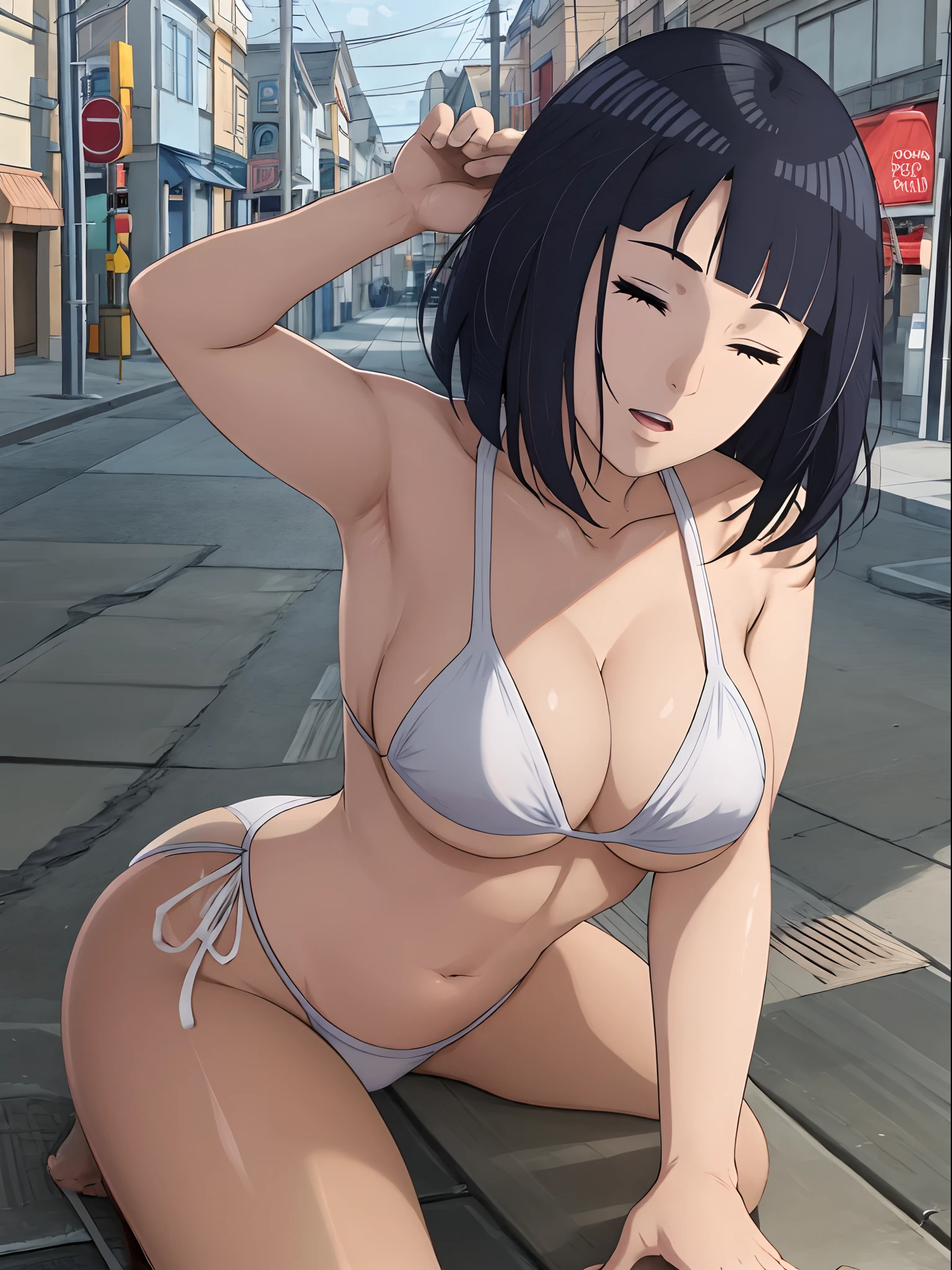 (WALLPAPER, (hinata\(boruto\), (((white string bikini))), masterpiece, 4k, vector coloring, fully body view, (scene of knocked down girl on street), (high color saturation), contrast lighting, mature female, (curvy:0.8), solo, anime style, sharp focus, professional artwork, intricate details, colorful, vibrant colors, vivid colors, digital blending, ultra detailed body, ultra detail hair, ultra detail face, trending on pixiv, very hot colors, (((street, outdoors))), detailed bold arm lines, high color saturation, bold lines, bold drawing lines),
((knocked down on street, lying down on street surface)), (head tilt), open mouth, closed eyes),
((dark blue hair color:1.1), wavy hair, ((short hair, hime cut)),
(white skin, (fair skin), slender body, milf, perfect face),
(legs, big breasts, off-shoulders, (detailed shoulders, detailed arm lines)),
(bare shoulders, bare legs, stretching),