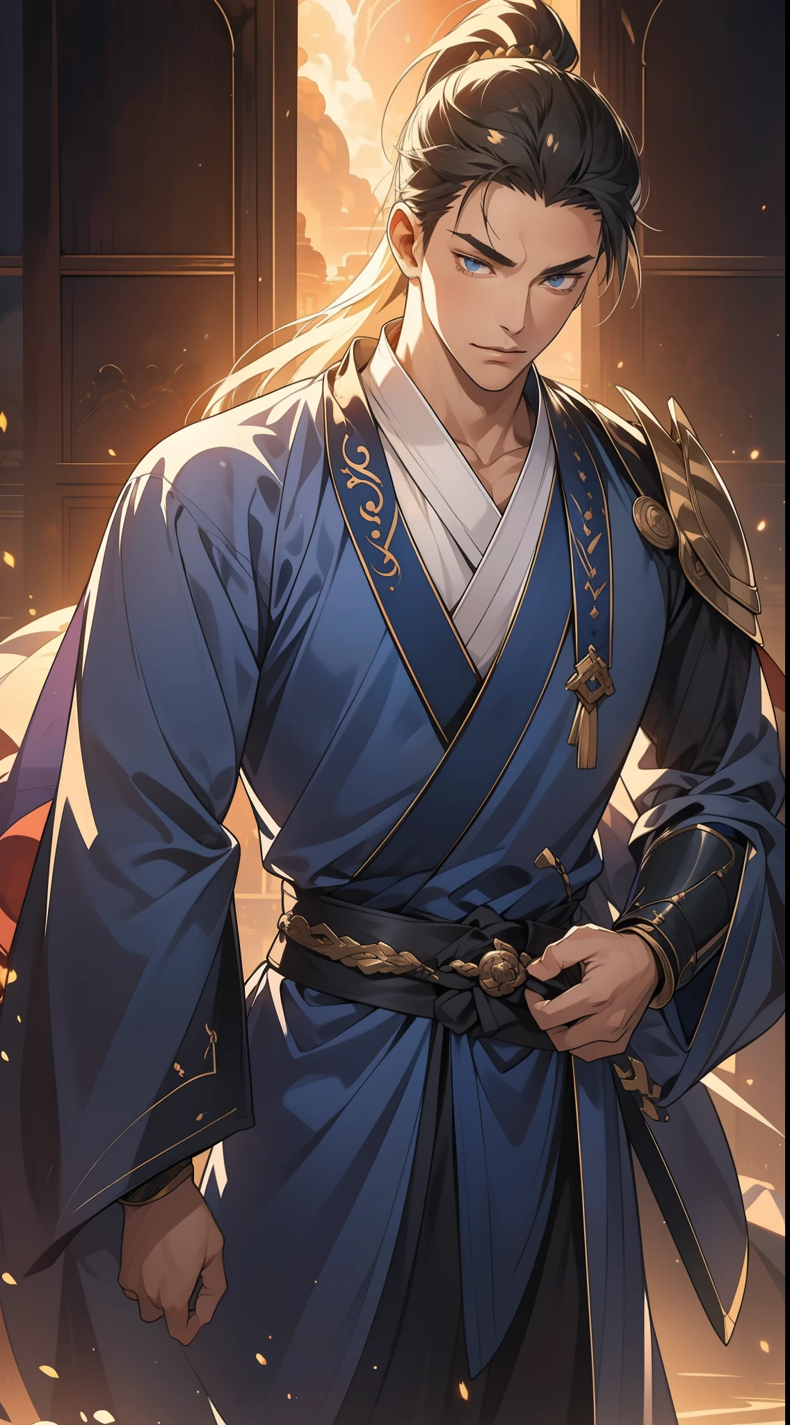 quadratic element,style of anime,mtu(Male Warrior),The proportions are correct,Face details,swordsmen,High ponytail hairstyle,Neck details,There is an Adam's apple,Blue suit,kaftan,long blue robes,clothes details,Handing over,longer sleeves,Game quality,Swordsmanship,Light and shadow tracking,Ray traching,detailed glow,cg render,hair detail,cabelos preto e longos,blue colored eyes,Handsome,Handsome,(juvenile sense),Clothing is complicated,Perfectcomposition,Refinement,high qulity,higher details,Lots of details,The background is complex,a sense of atmosphere,