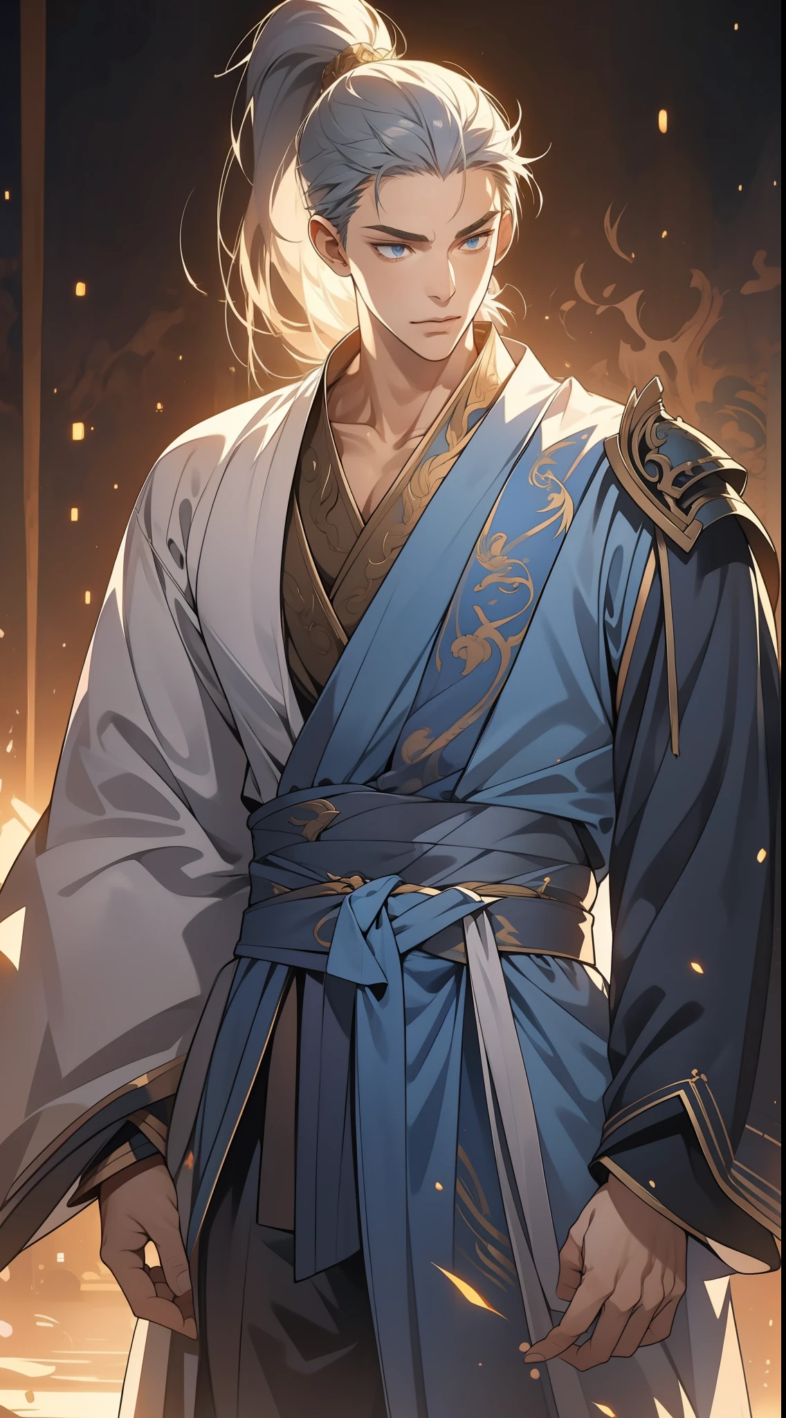quadratic element，style of anime，mtu（Male Warrior），The proportions are correct，Face details，swordsmen，High ponytail hairstyle，Neck details，There is an Adam's apple，Blue suit，kaftan，long blue robes，clothes details，Handing over，longer sleeves，Game quality，Swordsmanship，Light and shadow tracking，Ray traching，detailed glow，cg render，hair detail，cabelos preto e longos，blue colored eyes，Handsome，Handsome，（juvenile sense），Clothing is complicated，Perfectcomposition，Refinement，high qulity，higher details，Lots of details，The background is complex，a sense of atmosphere，