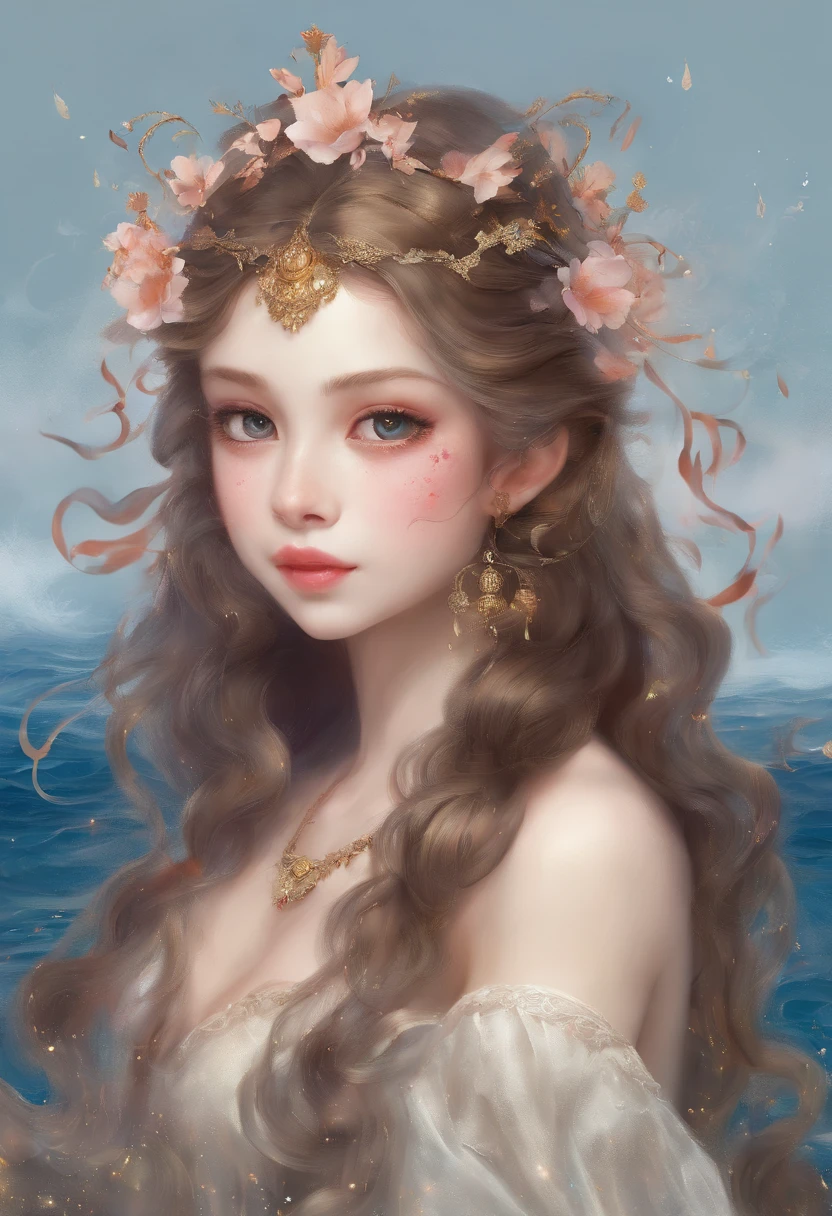 Masterpiece:1.4),, (Best quality:1.4),, Ultra-high RES,, 8K, CG,, (Extremely delicate and beautiful:1.2),,The upper part of the body,, 1girll,, Solo,, fashi-girl,, Mature girl,, , huge tit, Sweet,, , Sea backgroun,the reef,swell sea,Long brown hair,, pony-tail hair,, , Brown eyes,, Closed mouth,, Red lips,, , Face blown away by the wind,, ,Delicate depiction of facial features,almond eyes,Delicate eyeliner。long eyelasher,greene eyes,Black pupils,There is starlight in the eyes,Delicate lip detailing,Oil painting quality,Thick painting style, The beauty of Venus,the ocean,foamy,Stand on a huge shell