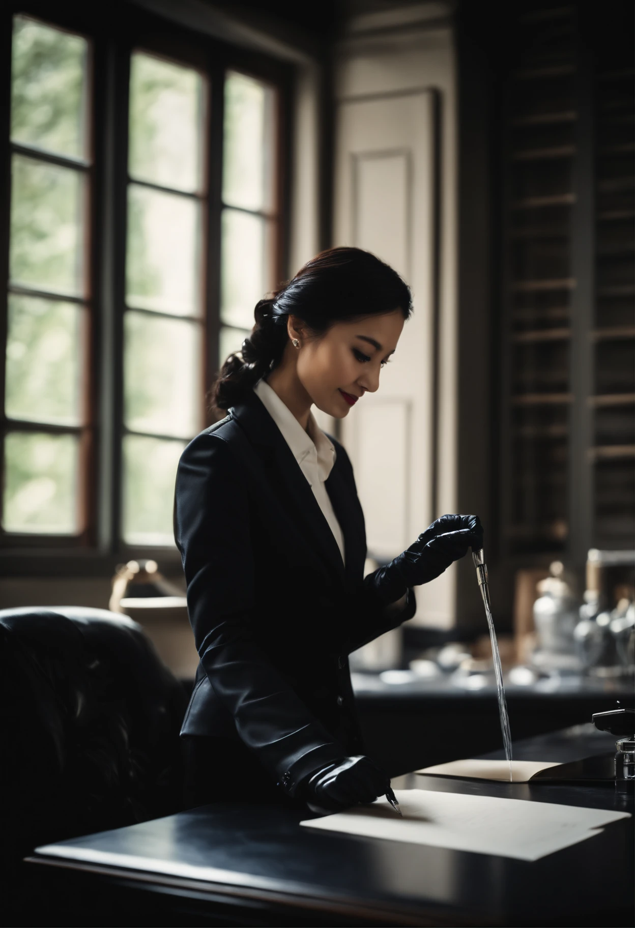Wearing black leather gloves in both hands, upper body, black business suit, facing the desk in the modern study in the dark, looking down and smiling, writing a letter using a fountain pen, long, straight black hair, young Japanese woman (black leather gloves cover both hands)