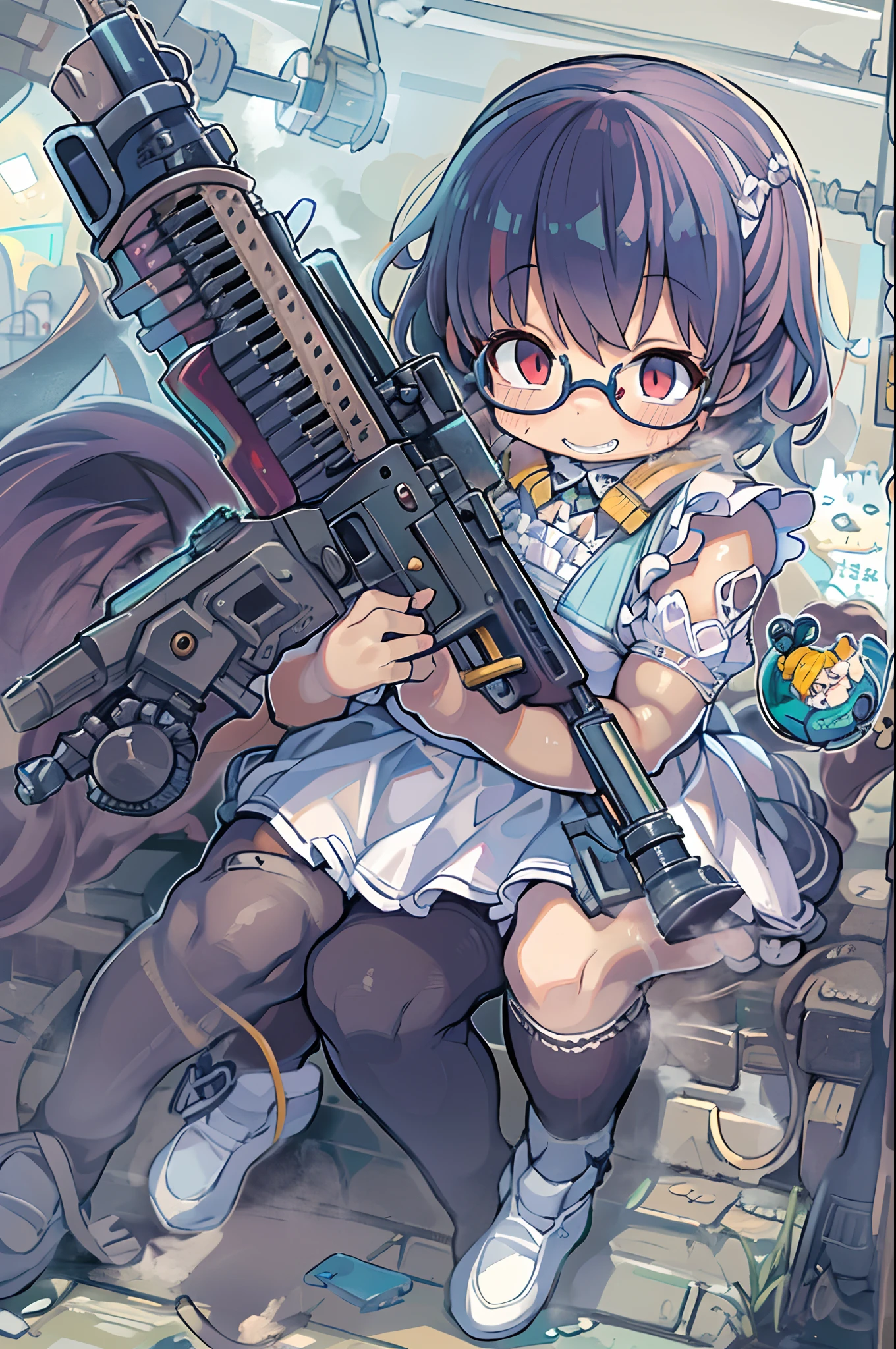 masutepiece, Best Quality, 1girl in, Empty eyes, Utsurome, maid, Smile,a girl,Lori,(((Huge assault rifle))),rocket launcher、Multiple girls、big round glasses,double tooth