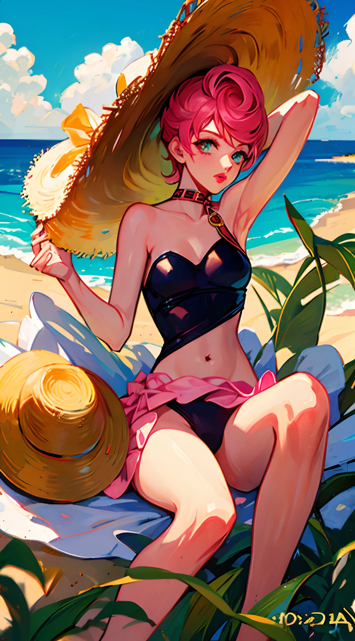 trish una, trishuna, trishjojo, lipstick, full lips, medium breasts, one piece swim suit, straw hat, beach, ocean