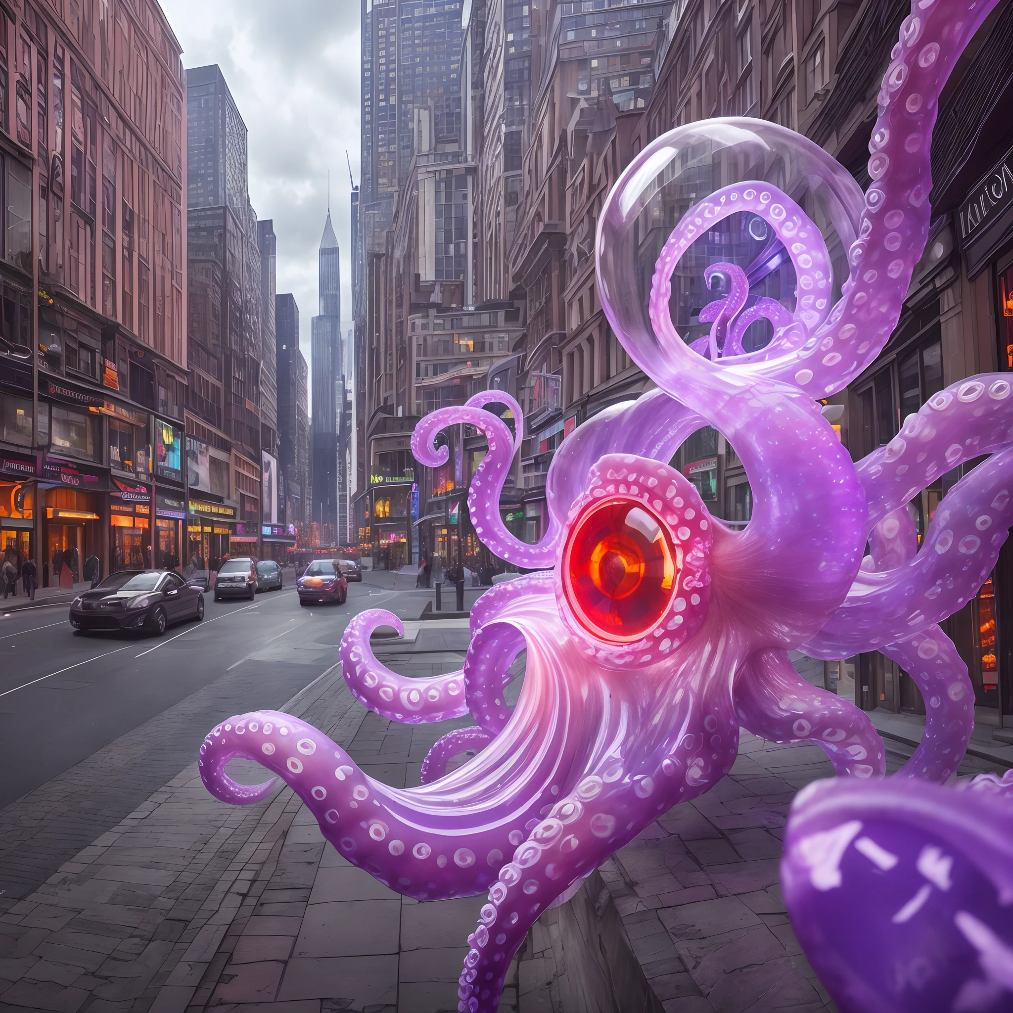 Masterpiece, Best quality, [(A purple translucent octopus)+(((Vitreous skin)))] ,starlights，In the city，Photorealistic, high resolution, Detailed, Sharp focus
