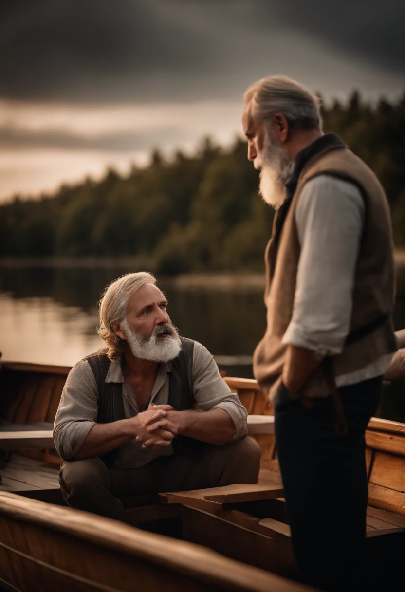 Man with gray beard explaining something to blonde woman, breaking wooden boat in background