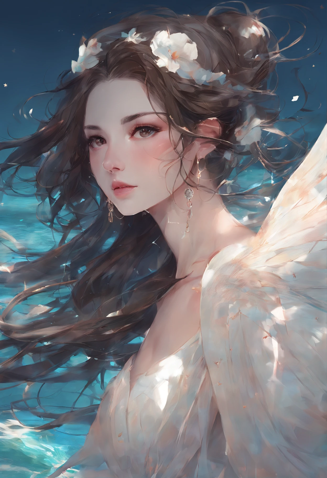 Masterpiece:1.4),, (Best quality:1.4),, Ultra-high RES,, 8K, CG,, (Extremely delicate and beautiful:1.2),,The upper part of the body,, 1girll,, Solo,, fashi-girl,, Mature girl,, , huge tit, Sweet,, , Sea backgroun，the reef，swell sea，Long brown hair,, pony-tail hair,, , Brown eyes,, Closed mouth,, Red lips,, , Face blown away by the wind,, ,Delicate depiction of facial features，almond eyes，Delicate eyeliner。long eyelasher，greene eyes，Black pupils，There is starlight in the eyes，Delicate lip detailing，Oil painting quality，Thick painting style， The beauty of Venus，the ocean，foamy，Stand on a huge shell