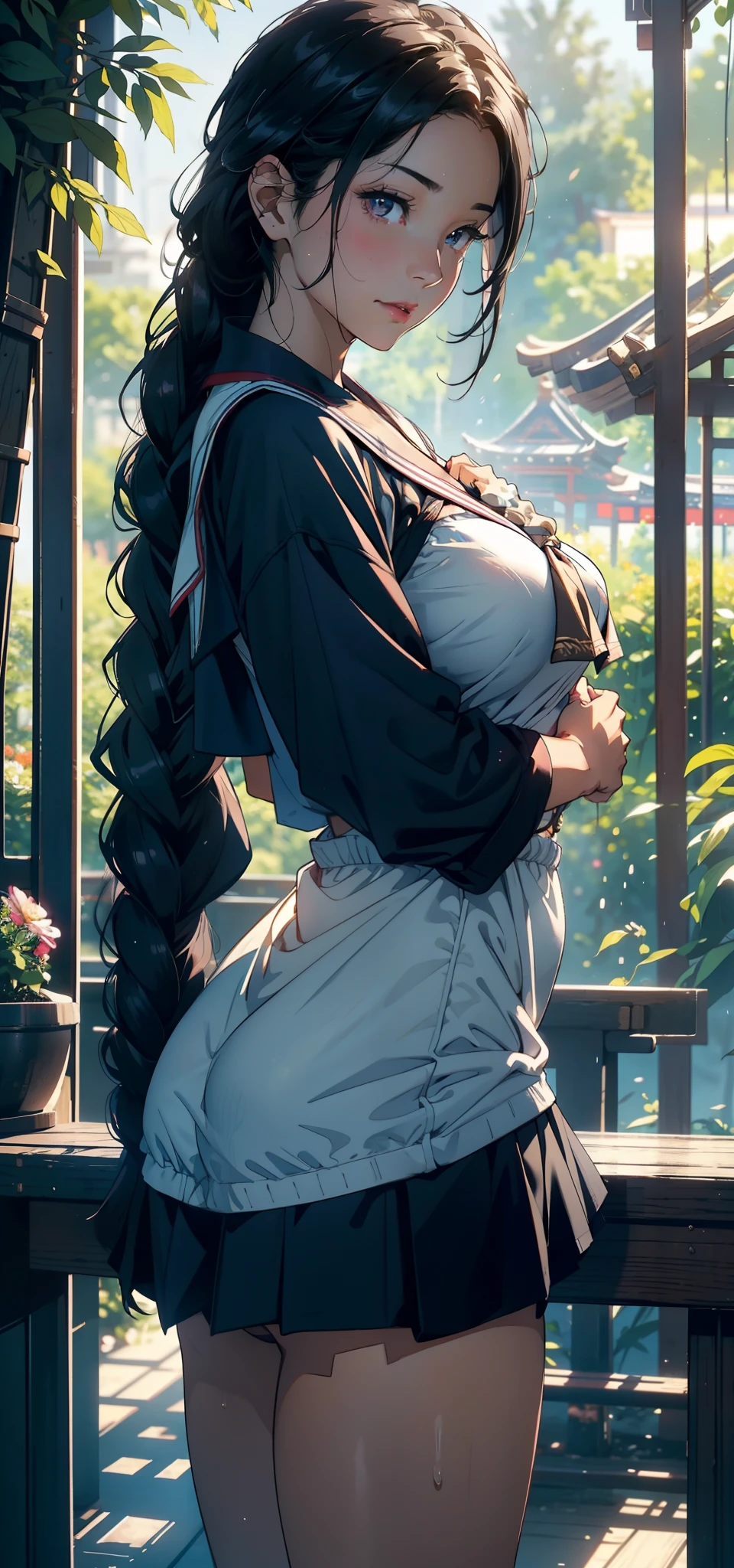 1female,35yo,A MILF,熟妇,mature,plumw,Slim,Large breasts,long leges,Big breasts Thin waist,Pornographic exposure, 独奏,(Background with:bamboo forrest,Stand in a sea of flowers,in summer) She has short black hair,standing on your feet,Sweat profusely,drenched all over the body,seen from the front, Twist braids, mostly cloudy sky,(((tmasterpiece),(Very detailed CG unity 8K wallpaper),best qualtiy,cinmatic lighting,detailed back ground,beatiful detailed eyes,Bright pupils,(Very fine and beautiful),(Beautiful and detailed eye description),ultra - detailed,tmasterpiece,)),facing at camera,A high resolution,ultra - detailed),revealing breasts,Bare genitalia, Bulge,Camel toes,Raised sexy,Flushed complexion,Open-mouthed,frontage,elementary student(Wearing:Sailor uniform,Black socks,)nakeness,upper body photos