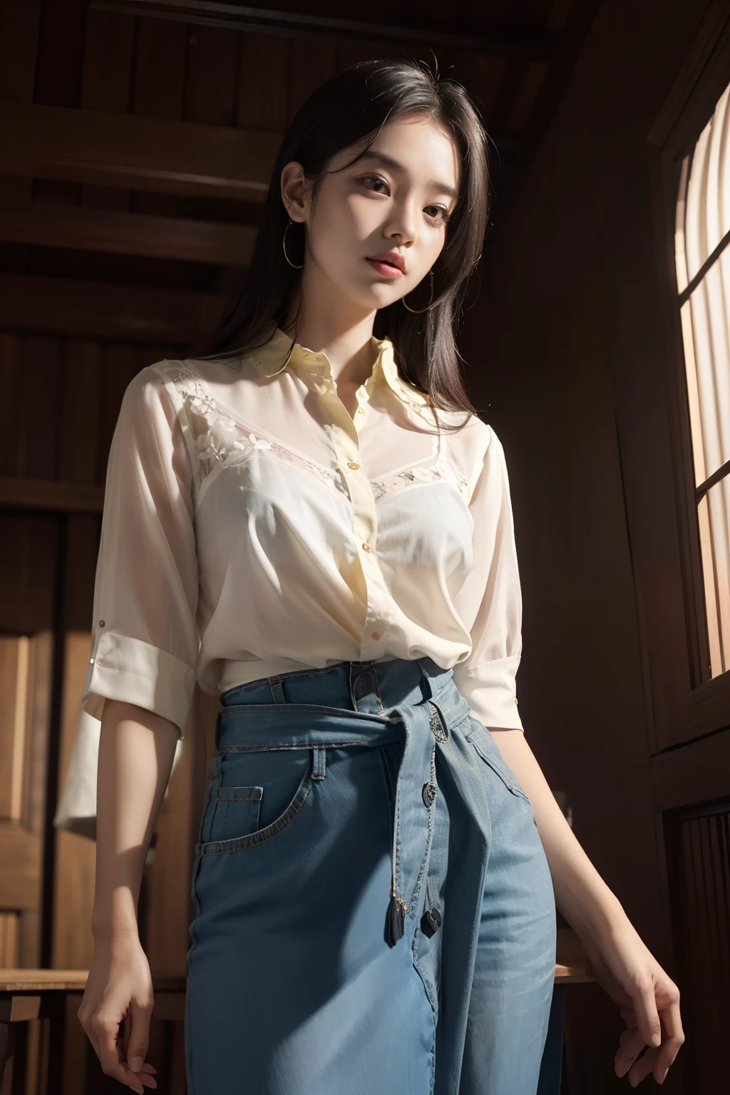 a silhoette, formal blouse made of pine apple fabric from phillipines, intrinsic native design, short sleeve, gem stone buttons in the middle trim, light yellow inside shirt mixed with faded pink color on top