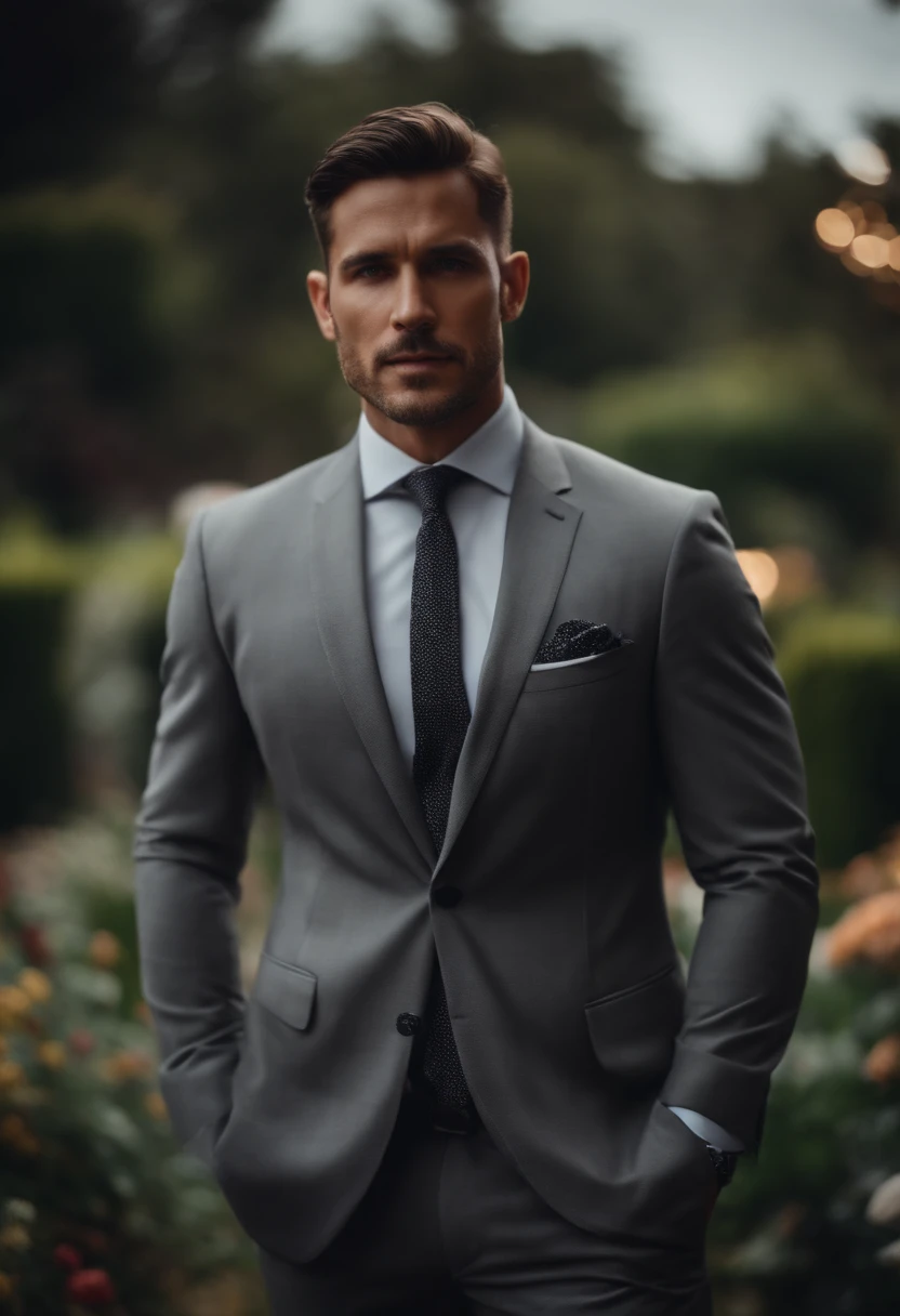30 year old man wearing gray suit, handsome, portrait, garden background