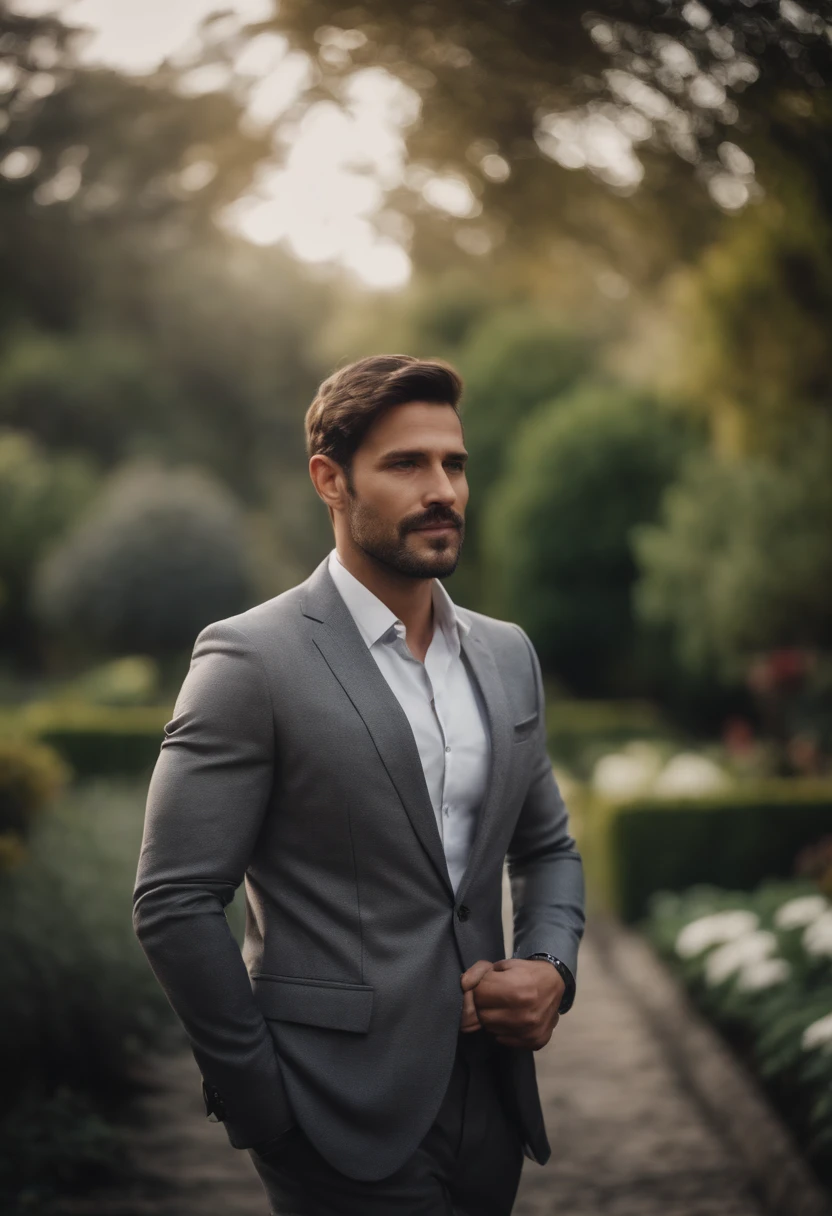 30 year old man wearing gray suit, handsome, portrait, garden background